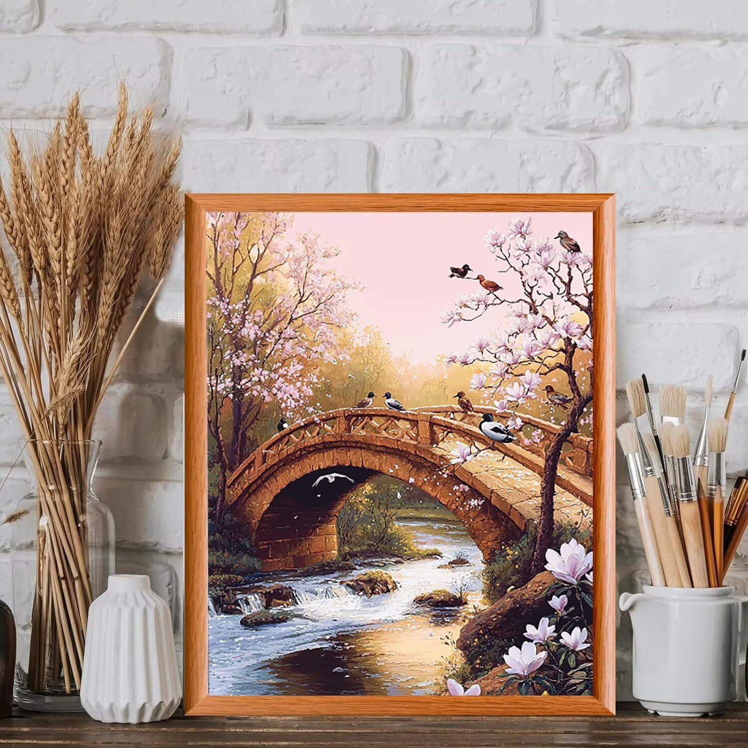 WEISHIWE Gartenbrücke Malen Nach Zahlen Erwachsene Anfänger, 80x100cm c-465 | Malen nach Zahlen Erwachsene Leinwand Kit, DIY Handgemalt Ölgemälde Set mit 3-Pinseln und Acrylfarbe für Wanddeko,Ohne Rahmen