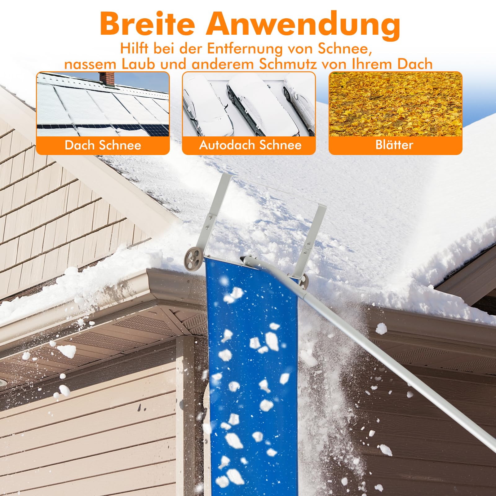 COSTWAY Schneeräumer mit Rollen für Dach, Dachschneeräumer mit Teleskopstiel, rutschfestem Griff, Dachräumer, Schneeschaufel, Schneeschieber aus Aluminium, Einstellbereich 151-611 cm