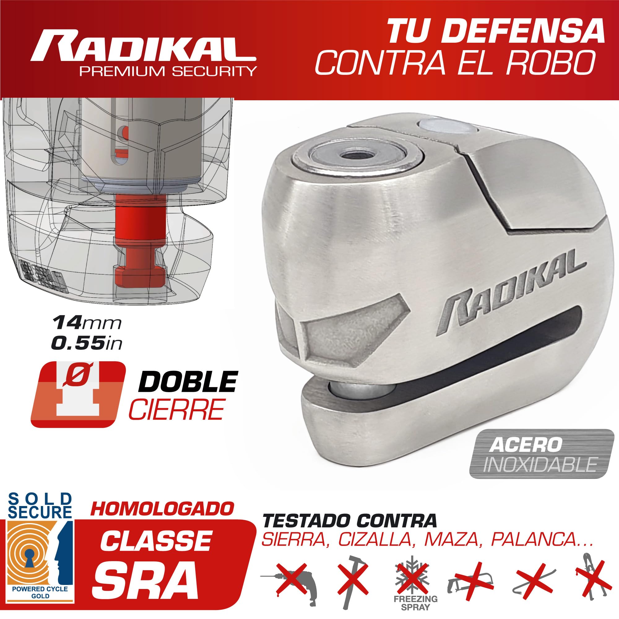 RADIKAL RK14S Candado Moto Disco Premium con Alarma | Activación Opcional, 120dB, Alerta LED, Warning Pre-alarma | Antirrobo Homologado SRA Alta Seguridad Pinza Cepo Acero Inoxidable Doble Cierre 14mm