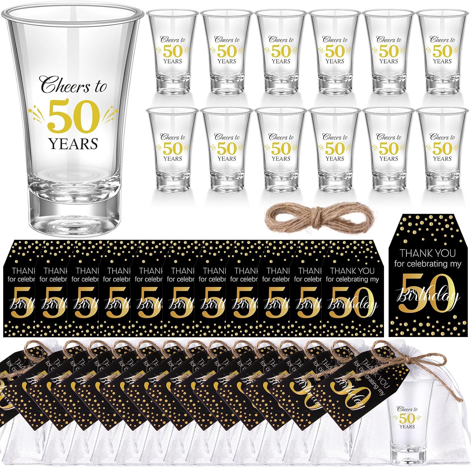 Pickmesh 50 Sets Black Gold Birthday Party Favors for Guests Souvenir Multicolor 50 Years Old Gift Bulk Acrylic Clear 1.2oz Shot Glasses with Thank You Cards and Gift Bags, 40/50/60/70th Birthday Gold 50th