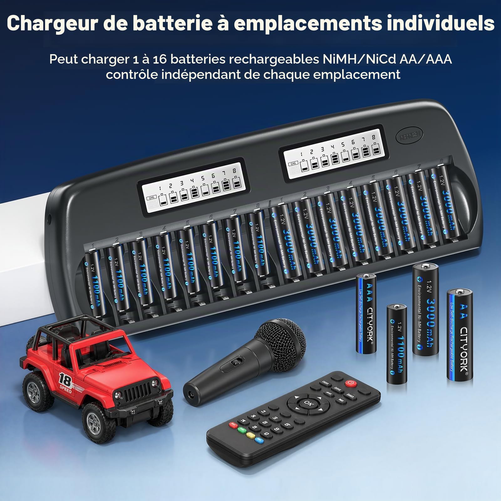 CITYORK LCD Chargeur de Piles AA AAA 16 Slot pour Piles Rechargeables AA/AAA Ni-MH Ni-CD avec Protection IC intégrée et Bloc d'alimentation (Chargeur Inclus)