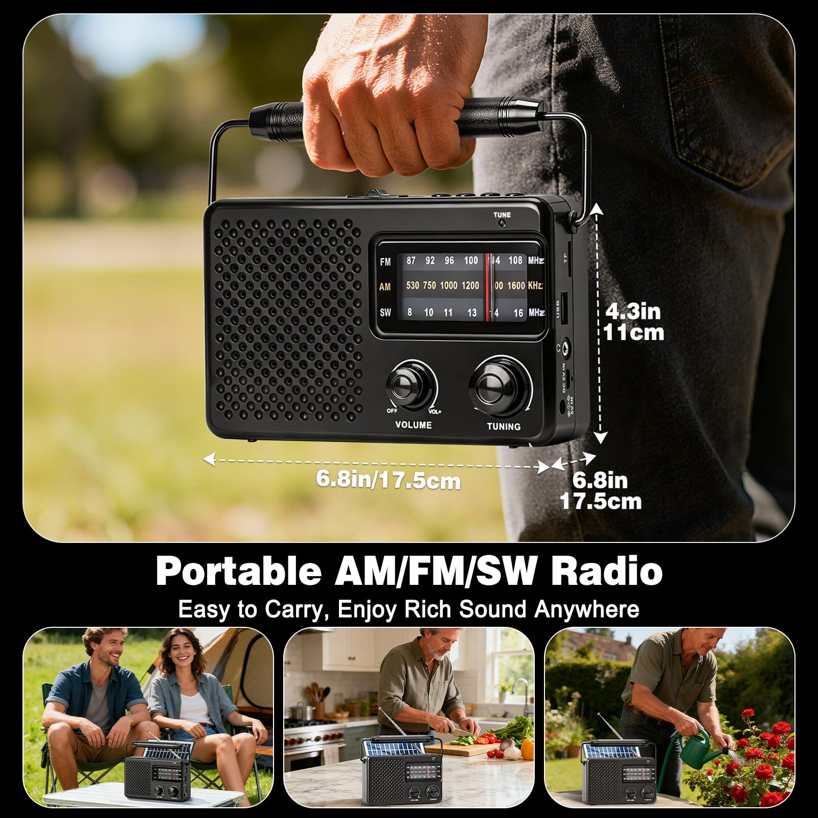 Tendak Radio Portatile, AM/FM/SW Radiolina Portatile con Solare a Rete e a Batteria, Radio Solare con Bluetooth/TF/USB per Uso Domestico/Esterno/Campeggio/Emergenza