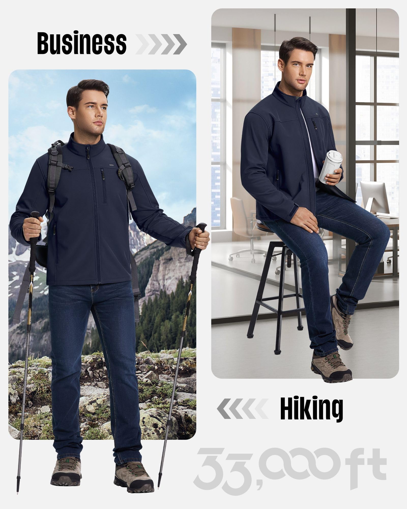 33,000ft Chaquetas impermeables para hombre, con forro polar, chaquetas softshell para hombre, resistentes al viento, para trabajo, senderismo, con bolsillo con cremallera