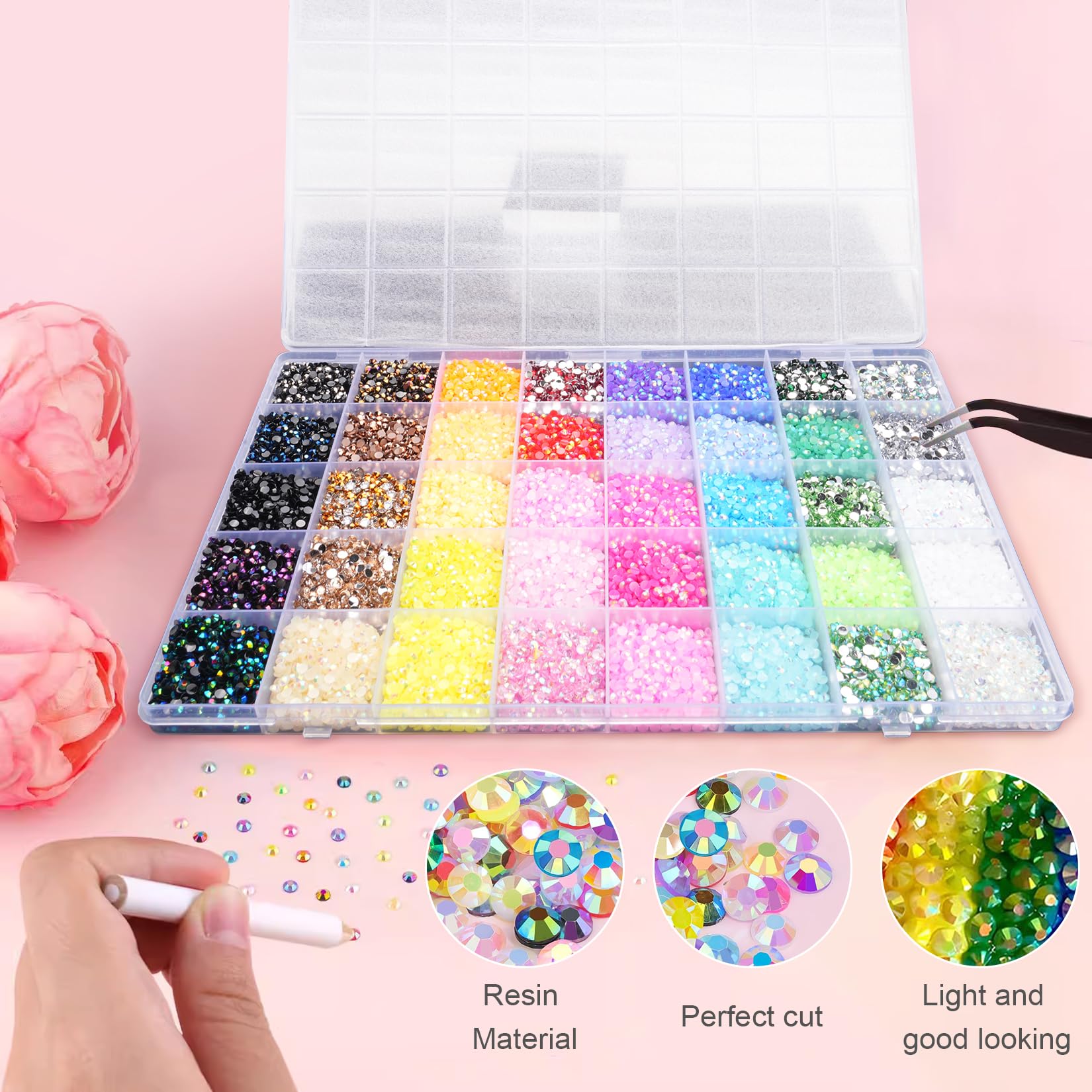 32 000 Strasse, 40 Couleurs Strass Plats Perles 3 mm, Kit de Strass en Résine pour Travaux Manuels, Loisirs Créatifs, Décoration Ongles, Textiles + pince à épiler/bâtonnet de cire