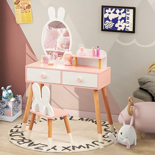 Miniatura 7 de Costzon Juego de tocador para niños, juego de tocador para niñas con espejo y taburete, 2 cajones grandes, estante de almacenamiento, tocador de