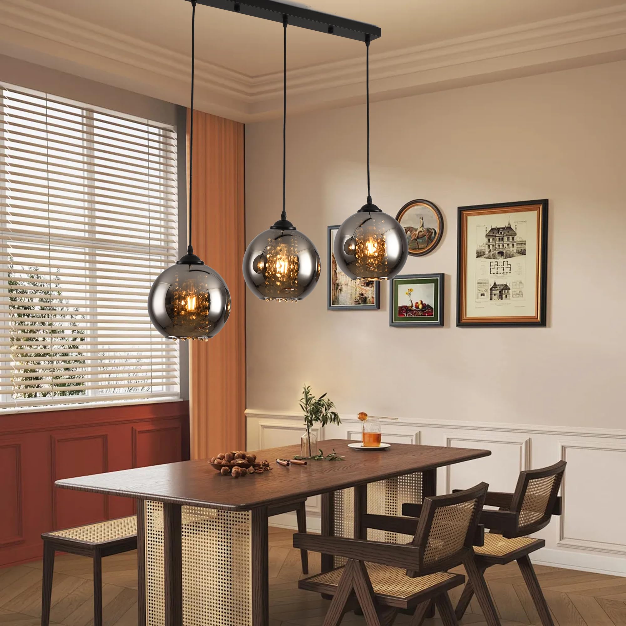 Pendelleuchte Esstisch 3 Flammig Rauchgrau Glas Hängelampe | Höhenverstellbar Esszimmer Lampe Hängend Vintage Esstischlampe Hängend Schwarz E27 für Küchen Esszimmer Wohnzimmer