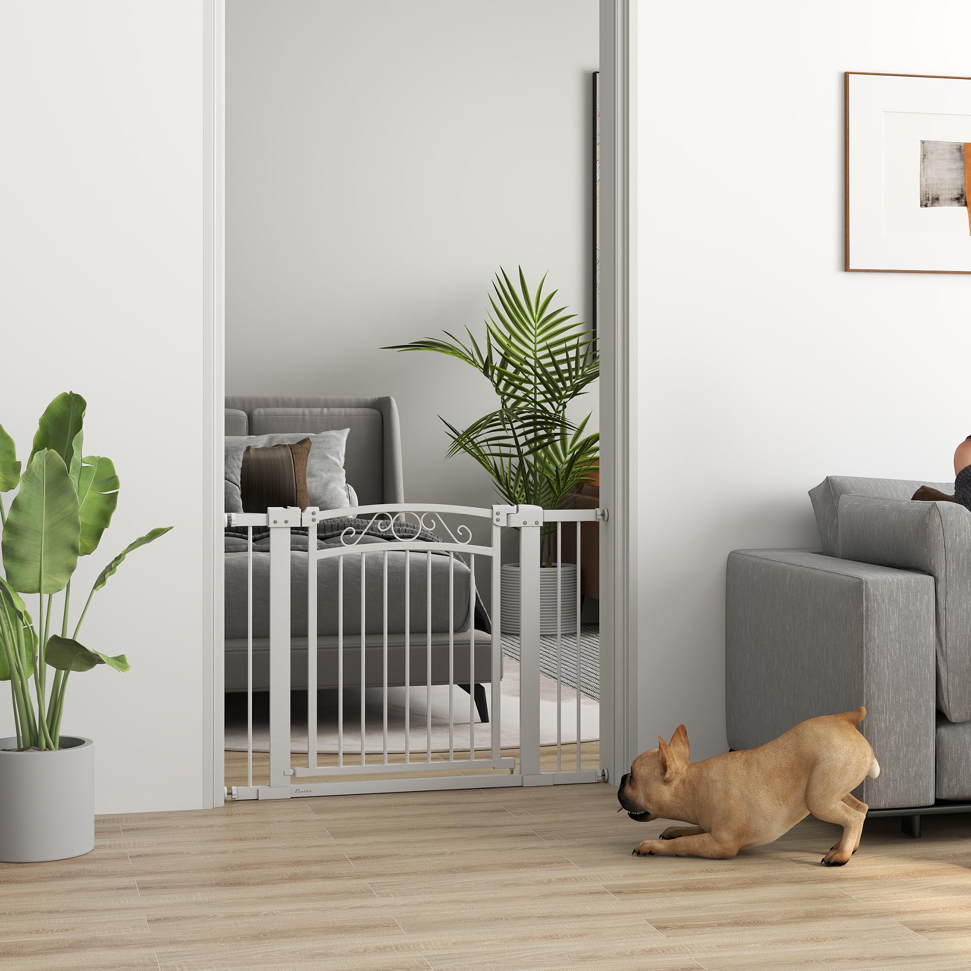 PawHut Barrera para Perros con Cierre Automático, Puerta para Perros 76-104 cm, Barrera de Seguridad con 2 Extensiones 7/14 cm, Fácil Montaje, Doble Bloqueo, para Escaleras y Puertas, Blanco