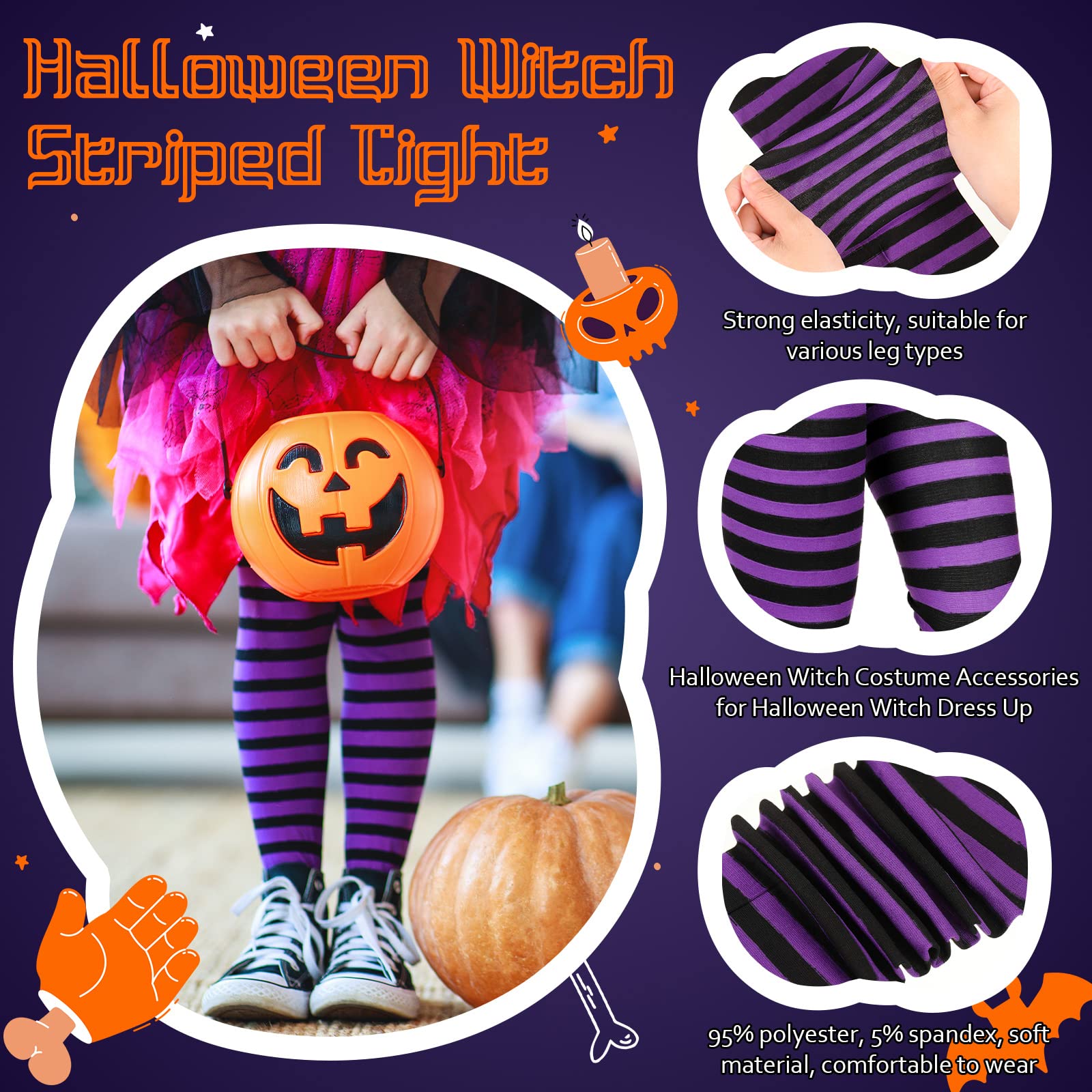 BBTO Halloween Kids Witch Tights for Girls Purple and Black Striped Tights Carnival Cosplay for Children Costume, Age 6-12 - Image 3
