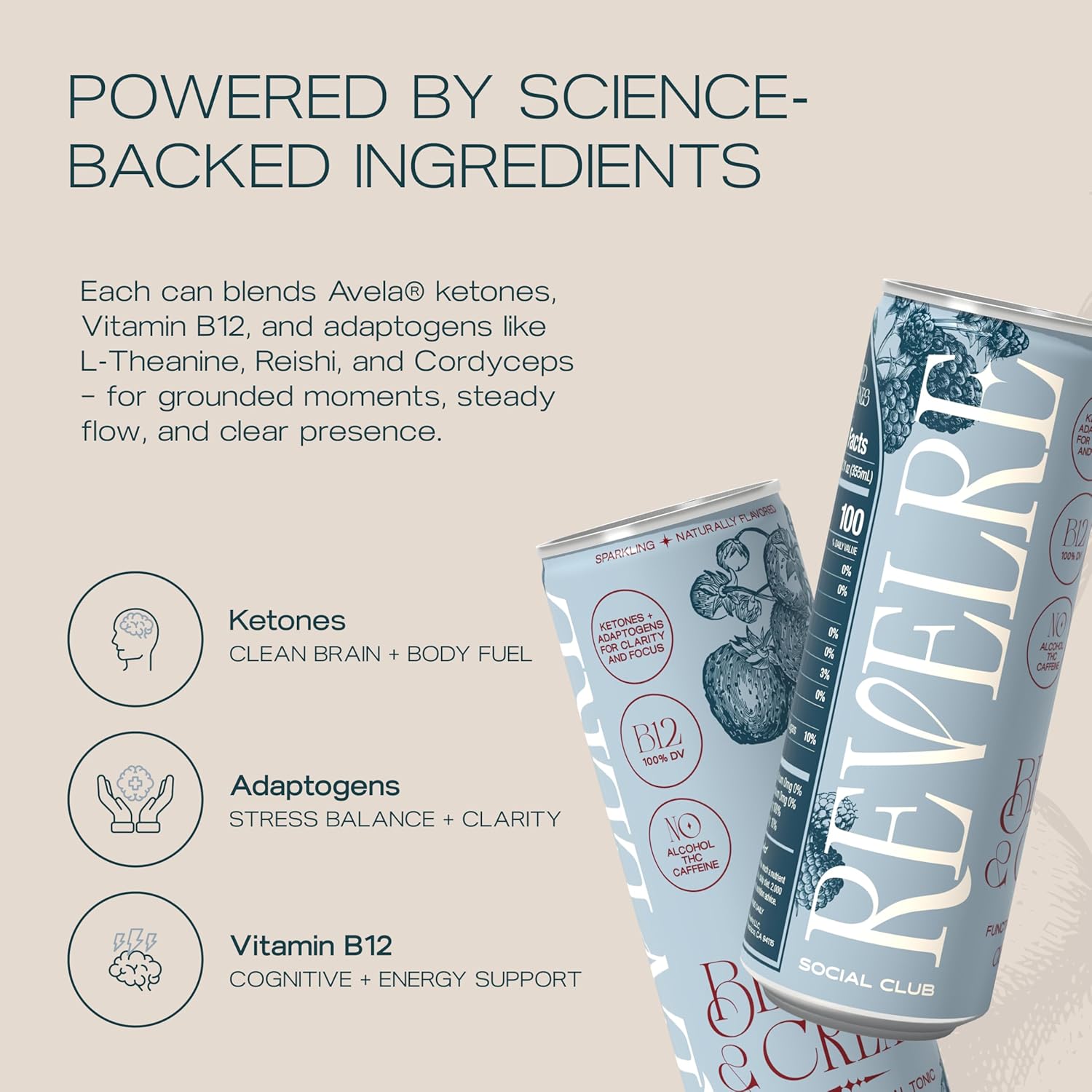 Revelre - Non-Alcoholic Mocktails with Adaptogens & Ketones, Clean Energy, Focus and Calming Ingredients - Magnesium, B12, Reishi & Cordyceps Mushrooms - Berries & Cream, 12 oz (8 Pack)