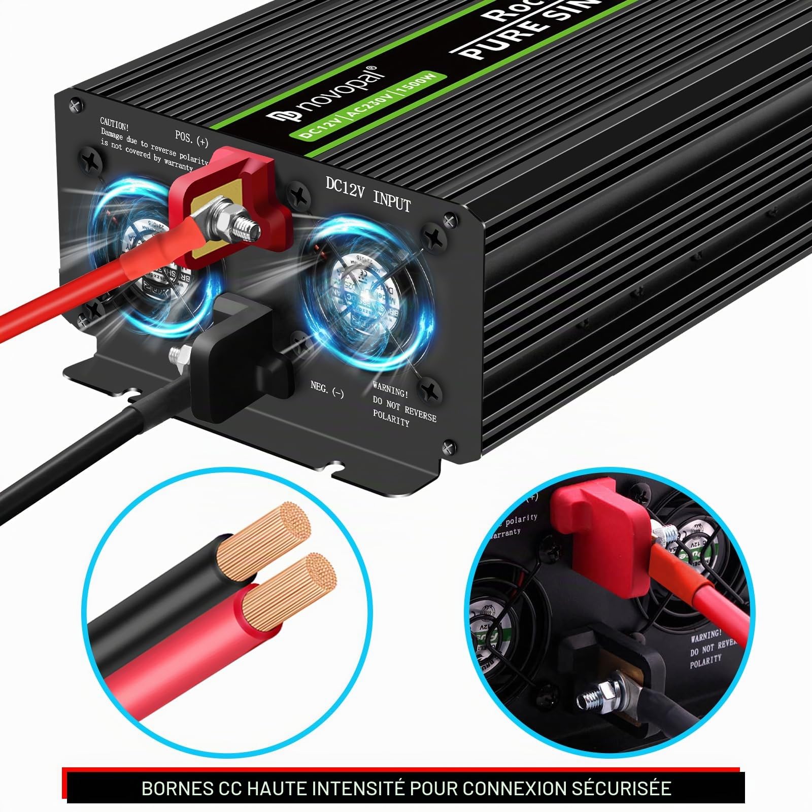 NOVOPAL Convertisseur Pur Sinus 1500W-DC 12V à AC 220V/230V Onduleur-2 Prise EU de Courant Alternatif et 1 Port USB-télécommande avec INCL. 5 mètres-Puissance de Pointe 3000W transformateur de tension