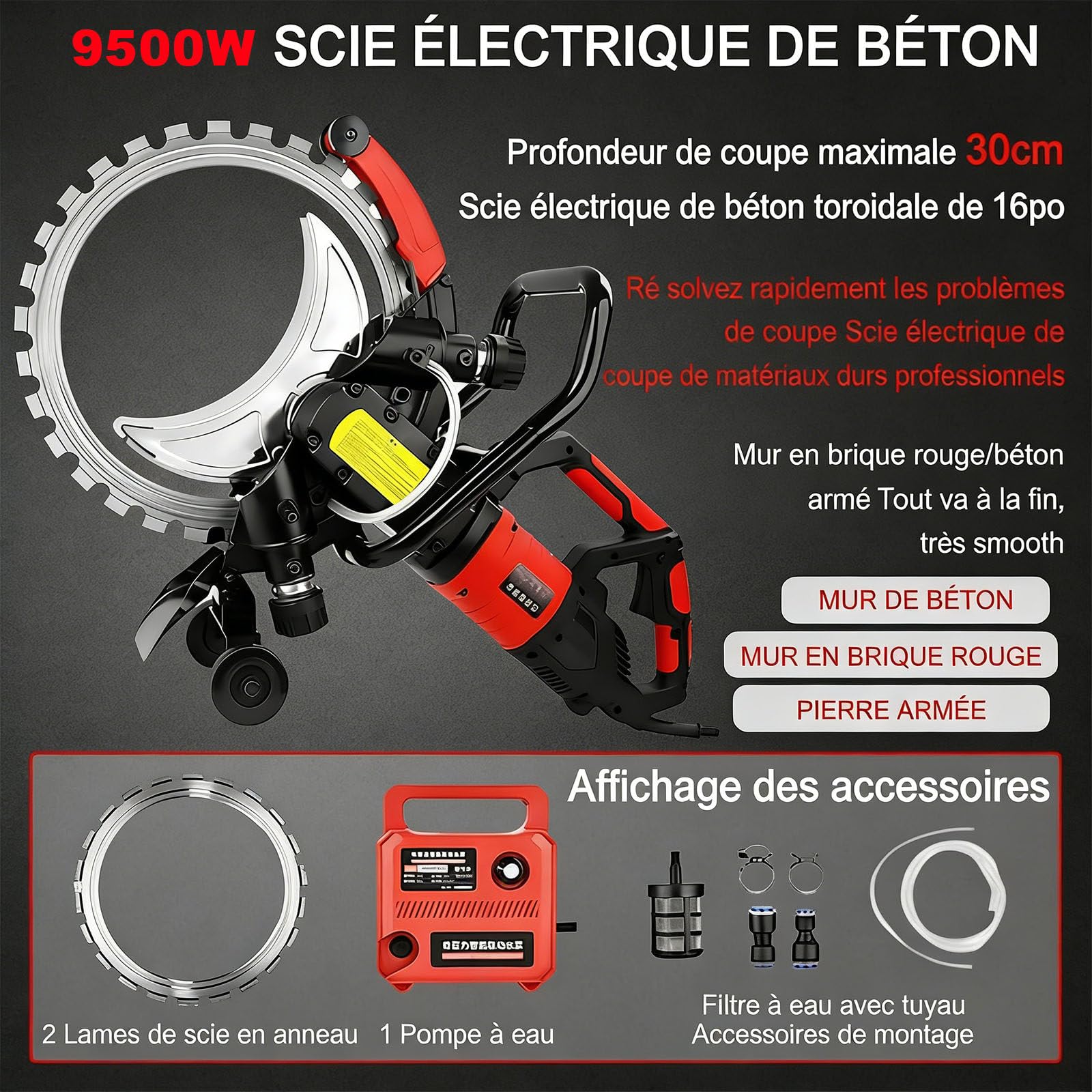 Scie annulaire électrique pour béton | avec Pompe à Eau et Lame de scie | Coupe à Eau Professionnelle | Fonction d'aspiration des poussières | Certifiée CE | Conception Ergonomique 9500W