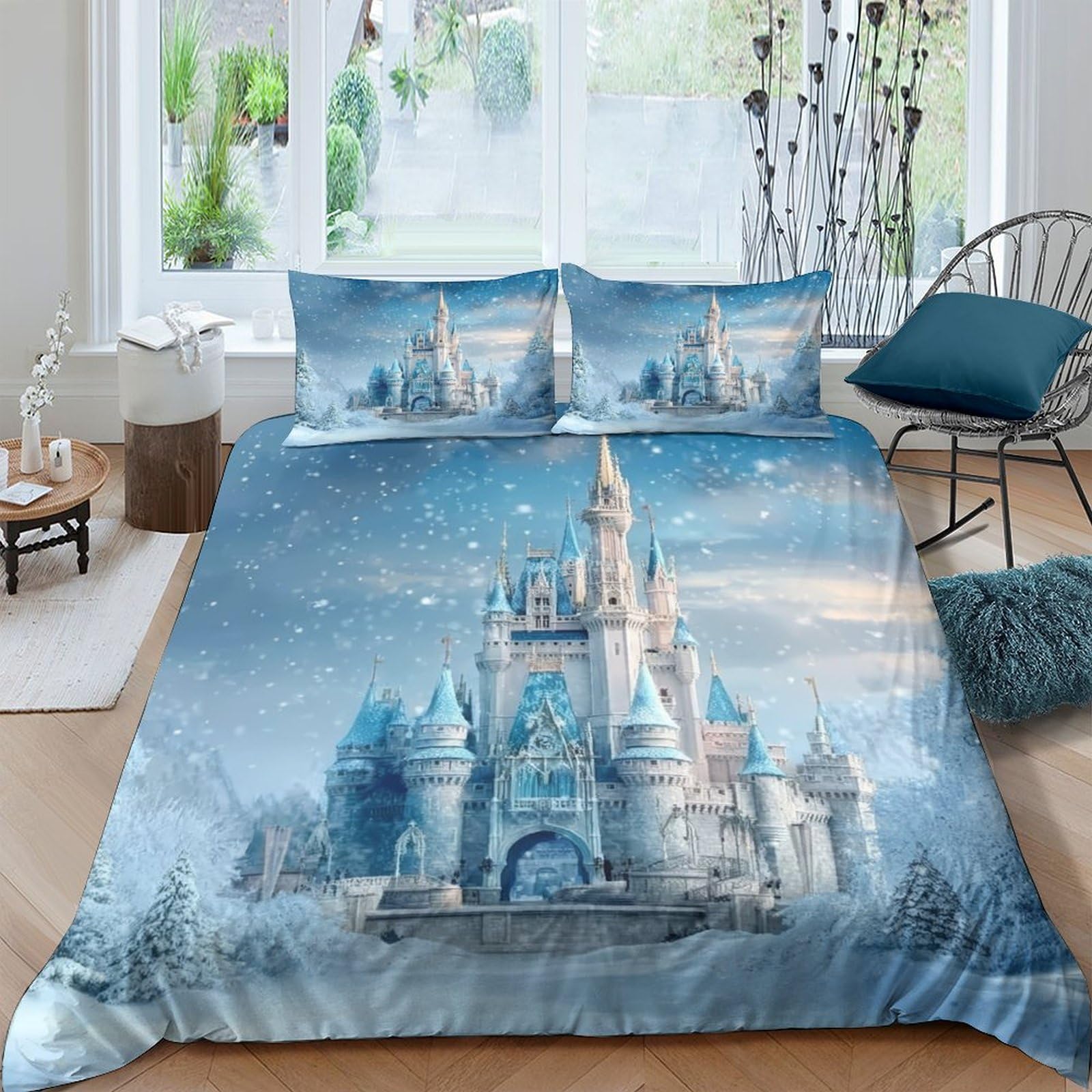 Ctjqhvkz Style-3 3D Printed Blue Castle Dream Fitted Sheet Microfiber Soft Bed Cover Fantasy Snow Palace For Bedroom Guest Room Decor Single（135X200cm）