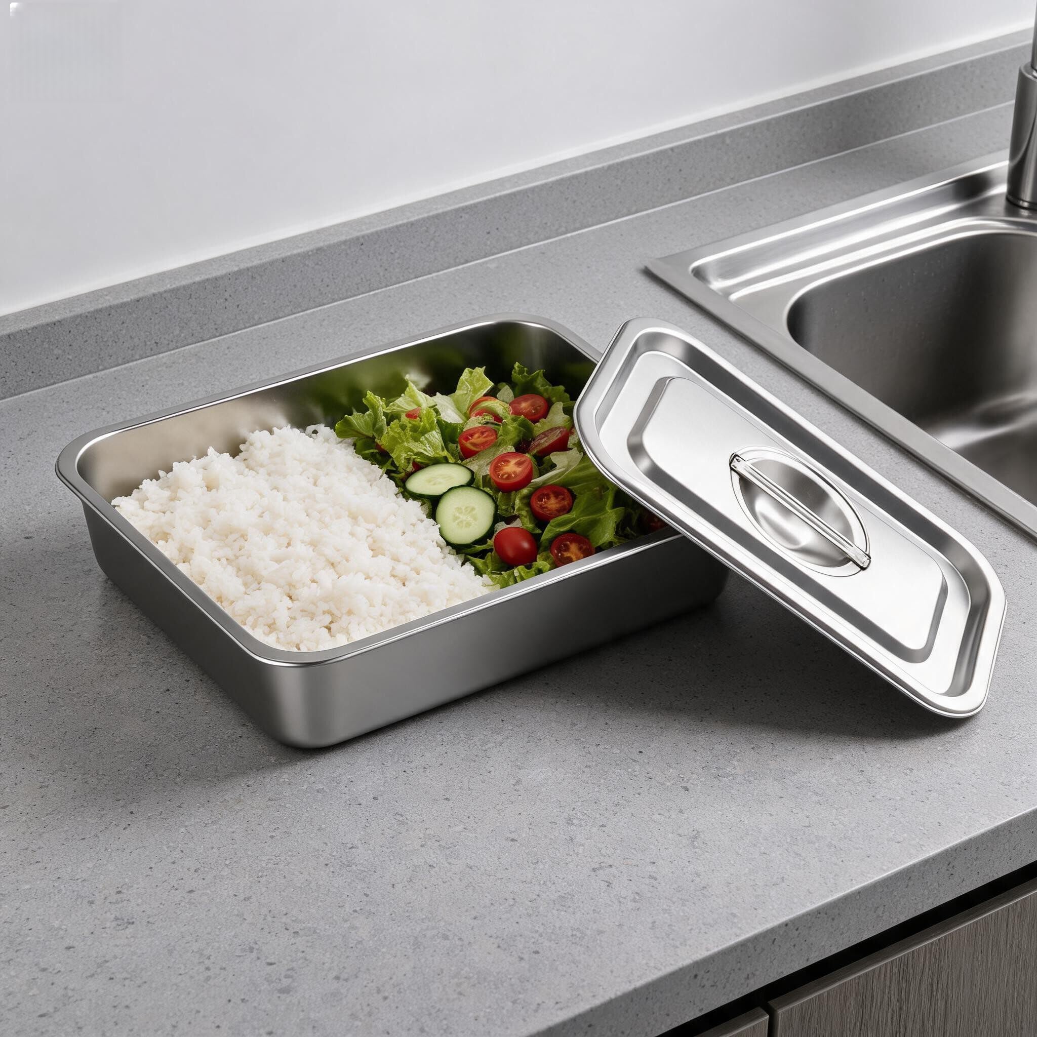 2 bandejas rectangulares de acero inoxidable para bufé, catering y servicio de alimentos con base inferior plana y borde ancho para un manejo seguro