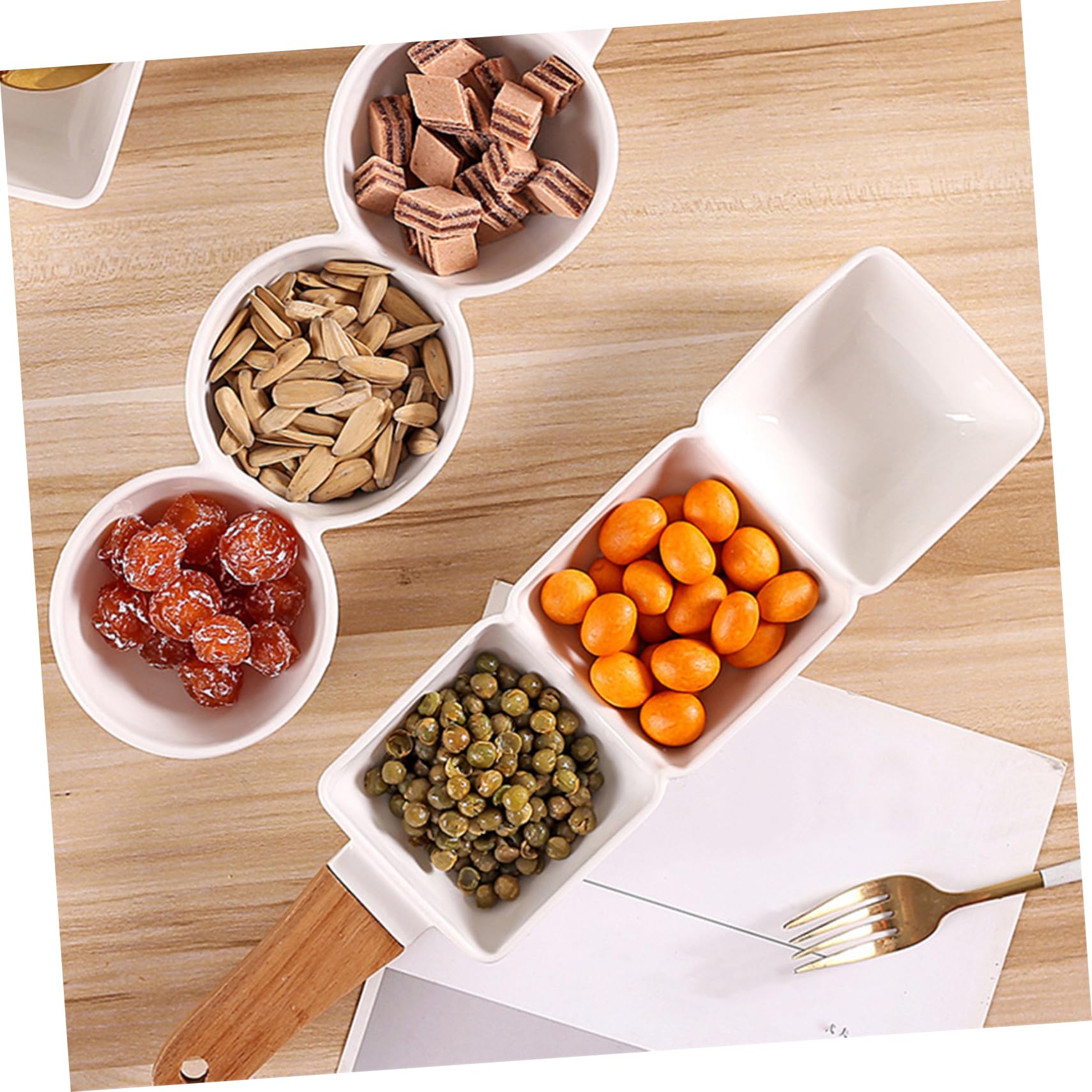 Sosoport 2 piezas Bol de Cerámica con Asa de Madera y Compartimentos para Snacks y Ensaladas para Aperitivos y Decoración de Mesa