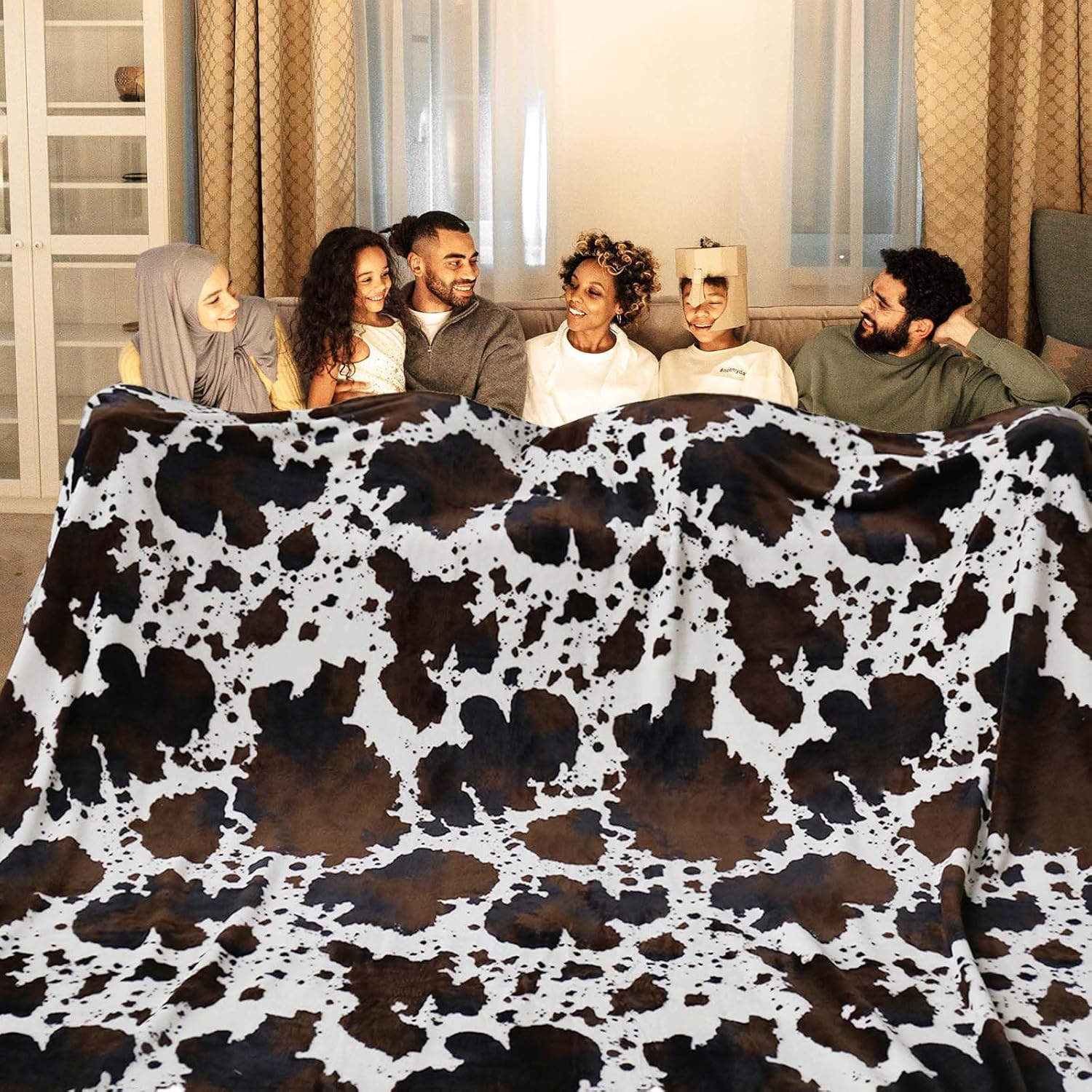 Bnuitland Brown Cow Print Blanket, Large Size 108x90 Inches with Storage Pouch, 300 GSM Double Sided Lightweight Fuzzy Decor, Super Soft Cozy Gift Flannel Fleece Blanket for Bed/Sofa/Couch/Outdoor