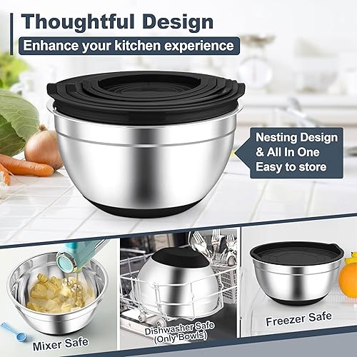 Miniatura 4 de TeamFar Tazones para mezclar, cuencos negros con tapas, tazón de ensalada anidable de acero inoxidable con tapa hermética y parte inferior de