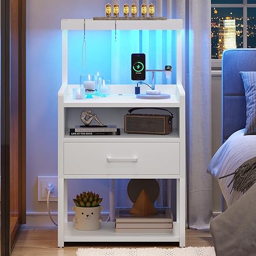 Miniatura 8 de VIAGDO Mesita de noche con estación de carga y luces LED, mesita de noche blanca con cajón, mesa auxiliar moderna con estantes de almacenamiento