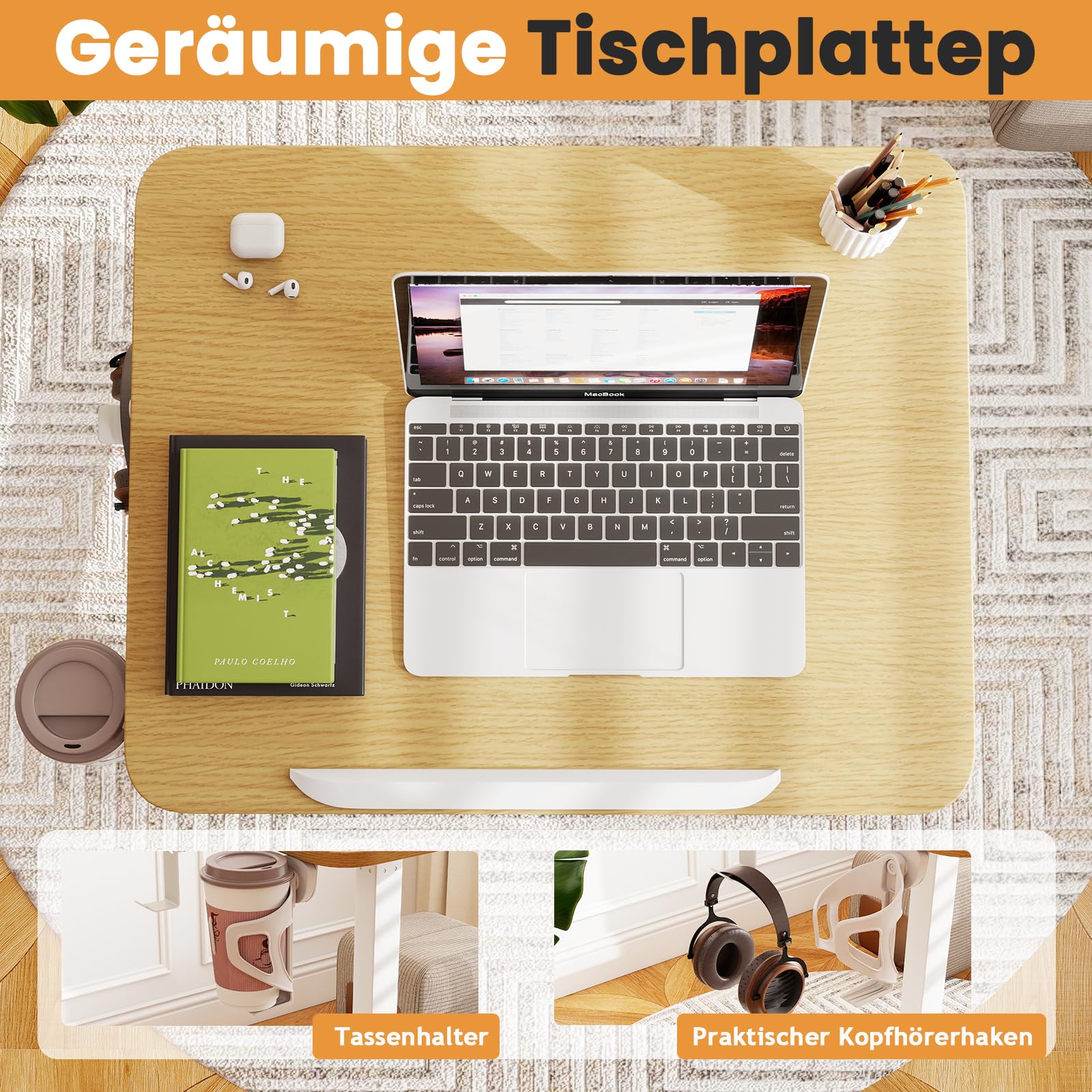 COSTWAY Beistelltisch höhenverstellbar mit Rollen, Stehtisch mit 90° neigbarer Tischplatte, Haken und Becherhalter, Stehpult, Laptoptisch für Wohnzimmer, Schlafzimmer