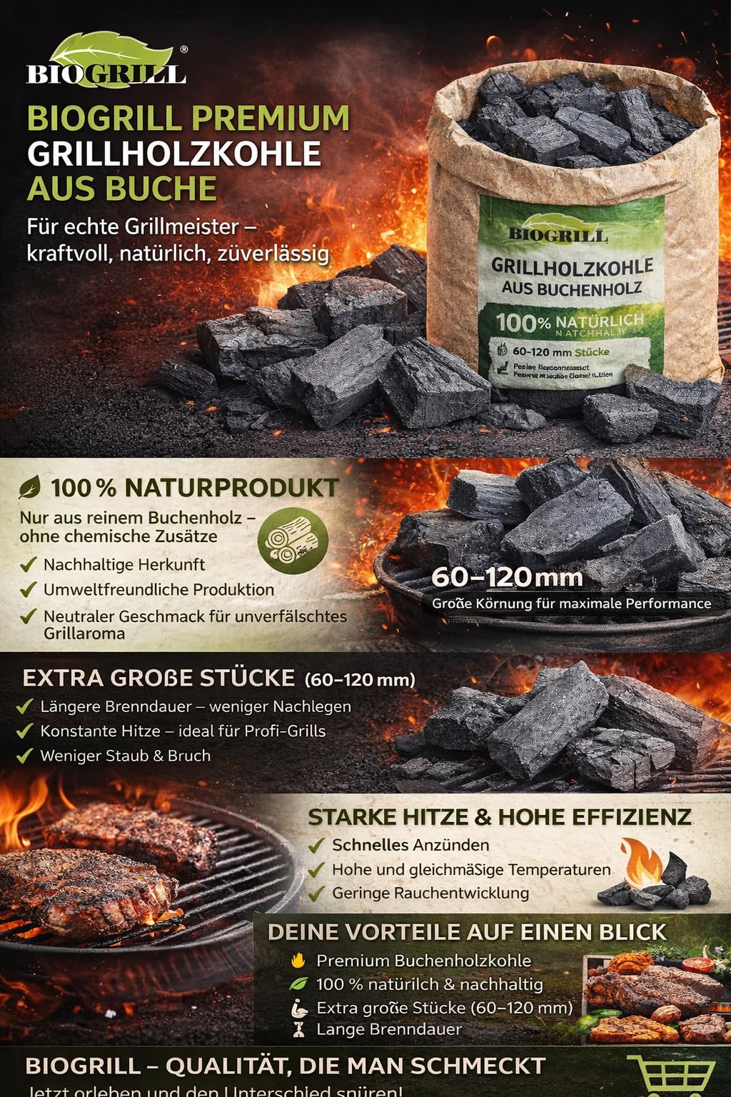 Premium Restaurant Grillholzkohle Buche 20 kg (2 Papiersäcke je 10 kg) Holzkohle für BBQ & Steakhaus – Grillkohle für Professionelles Grillen mit extragroßen Stücken 60–160 mm