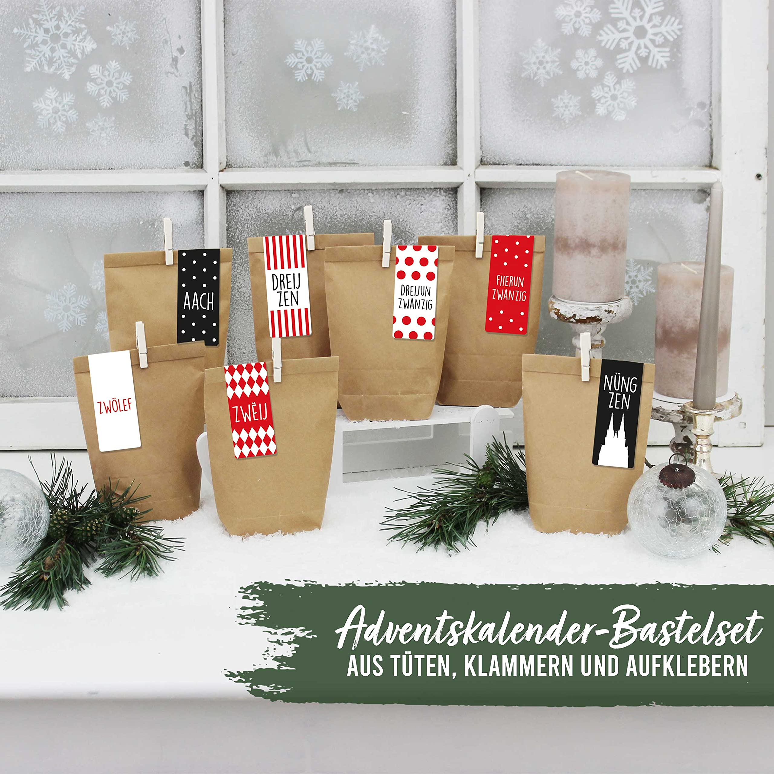 Calendrier De L'Avent DIY Santa & Friends - Kit 72 Pièces (24 Sacs Papier 3 Tailles, 24 Pinces Bois, 24 Autocollants) - Bricolage Famille Noël
