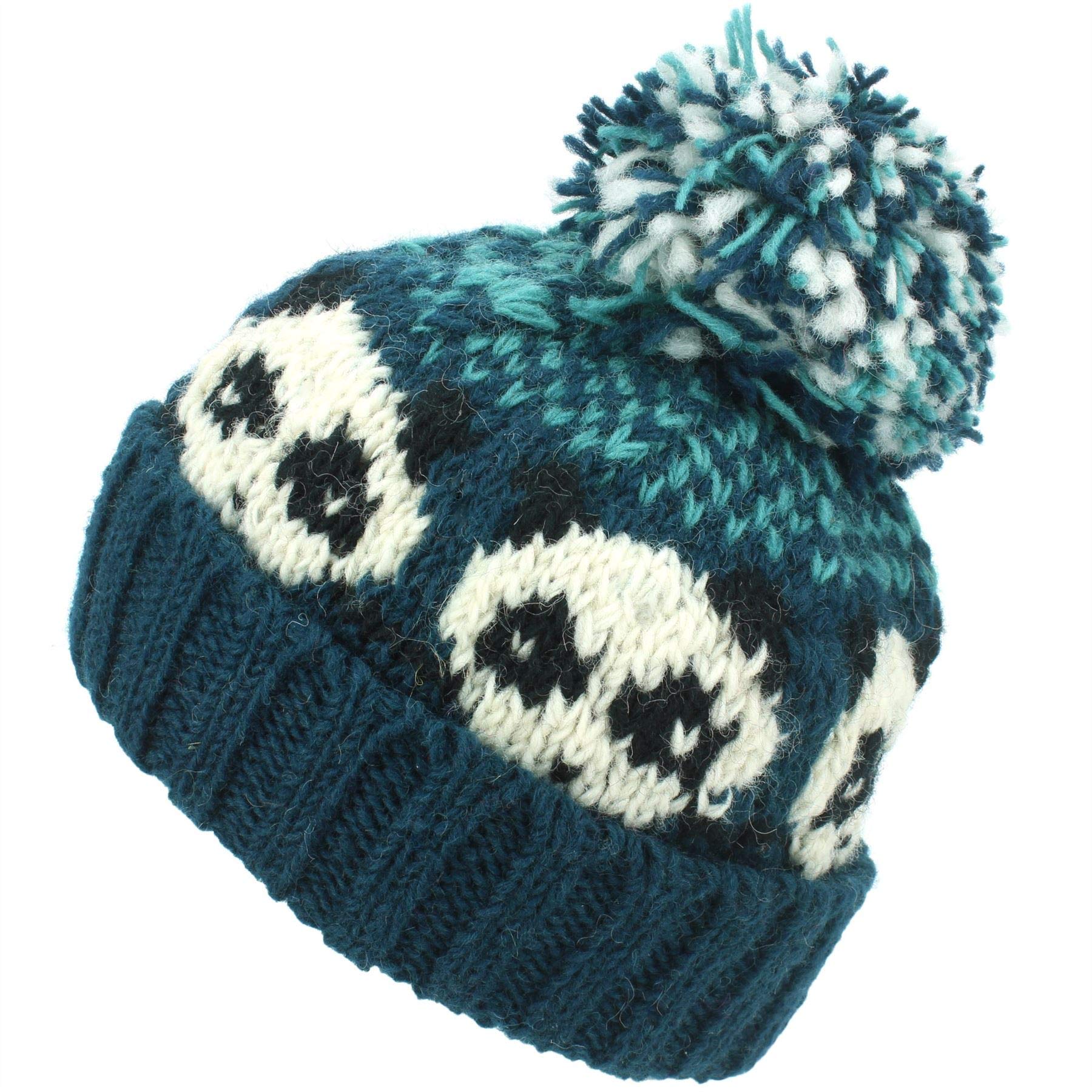 LOUDelephant Wool Knit Bobble Beanie Hat - Panda - Teal Green