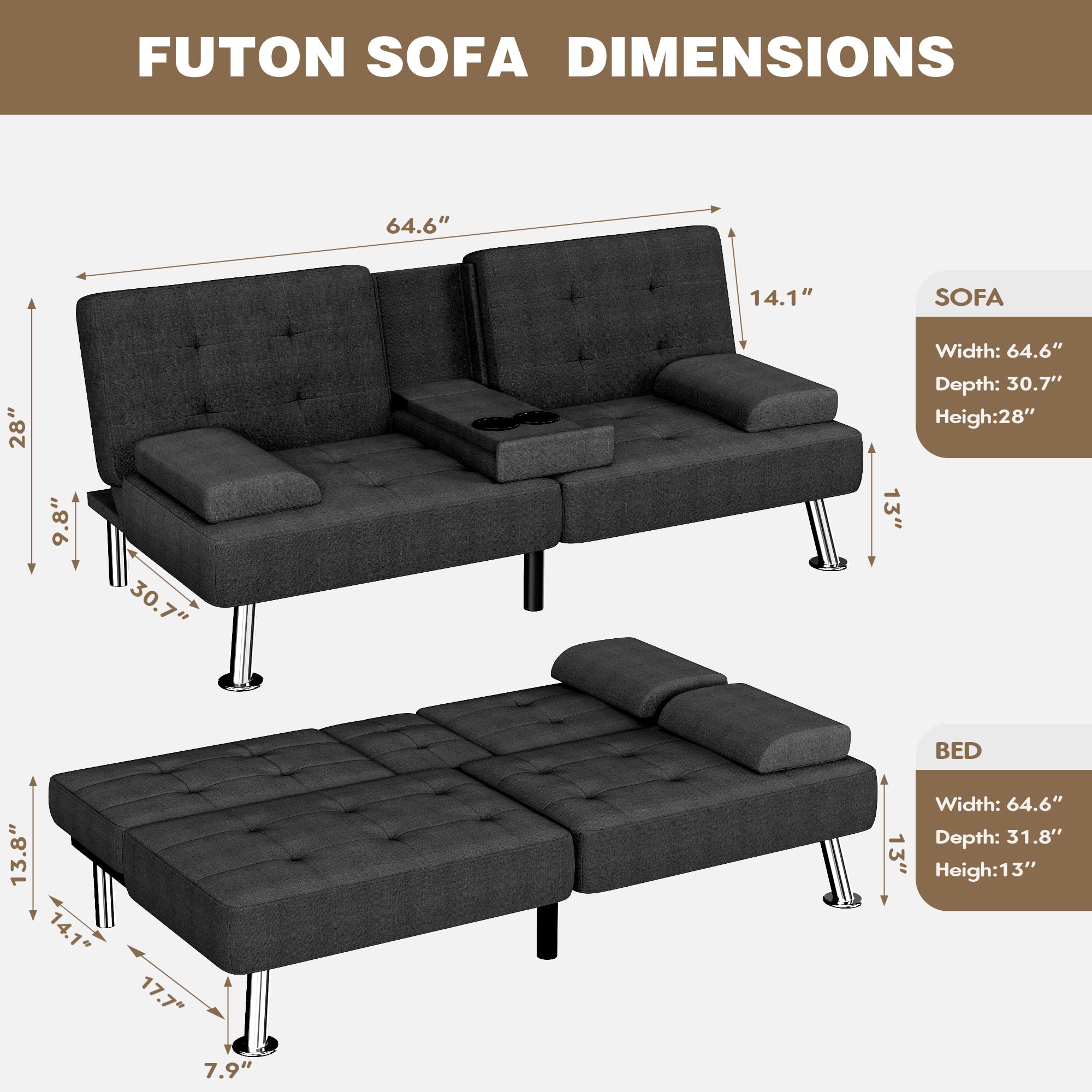 Homall Black Linen Futon Sofa Bed, Futon Couch for Living Room | Adjustable Recliner Sleeper Sofa with Removable Armrests & Dual Cup Holders, Futon Set for Apartment, Office