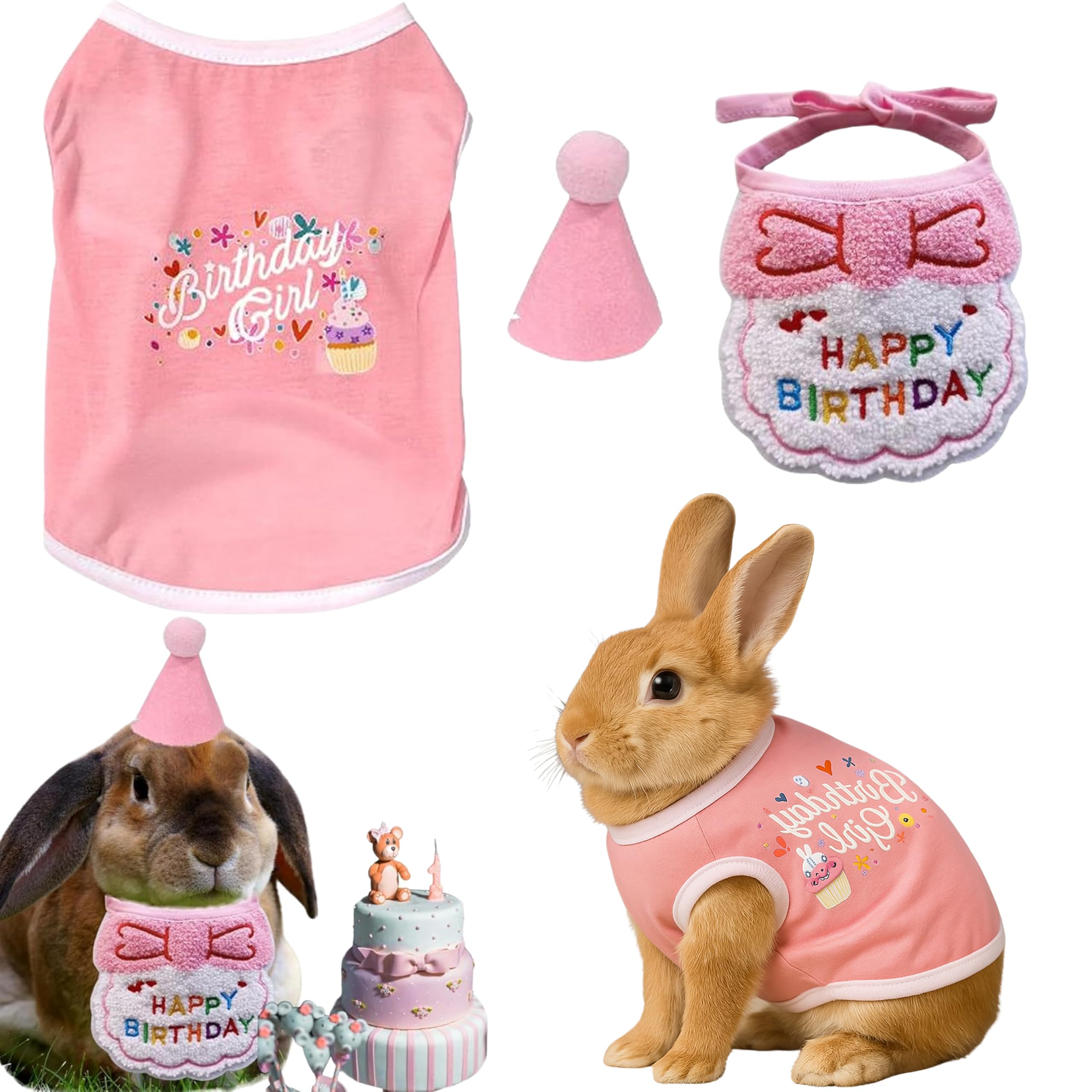 Mini Birthday Hats and Rabbit Clothes with Bib Scarf Set, Party Hat and Bunny Clothing for Small Animals Dog Cat Guinea Pig Ferret Hedgehog, Birthday