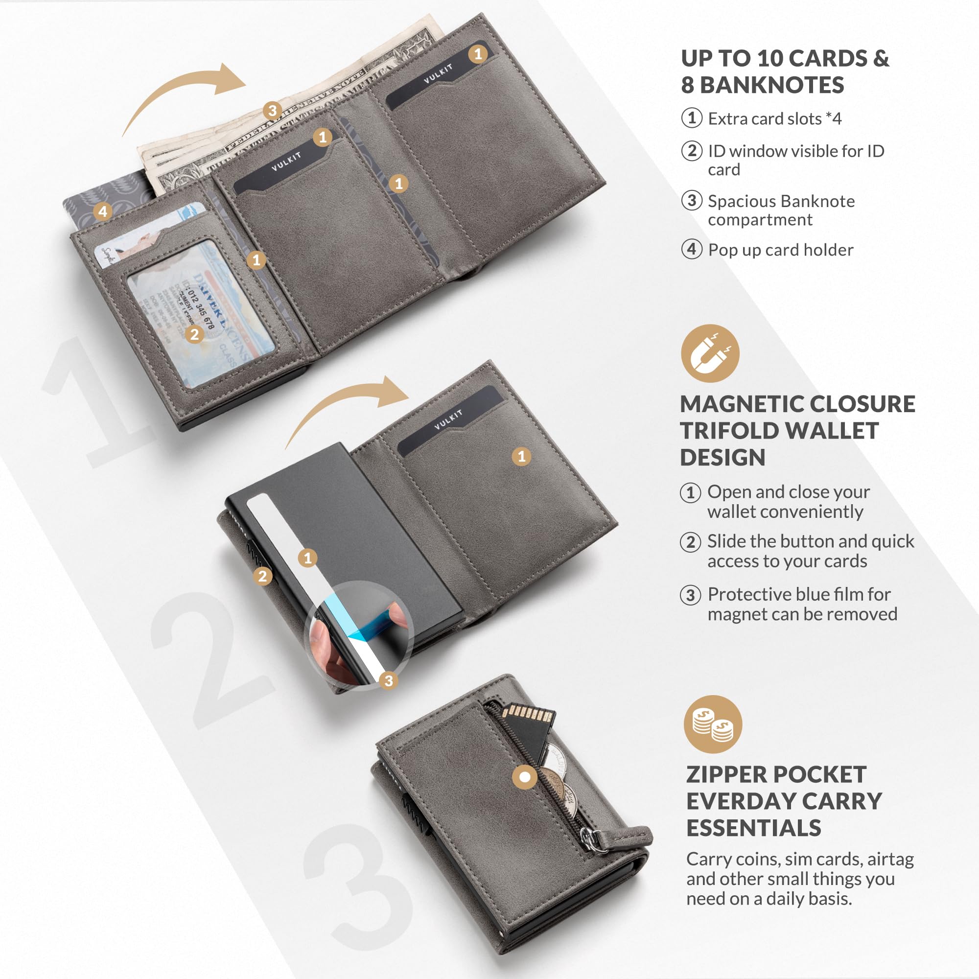 VULKIT Porta Carte Credito Portafoglio Slim Portacarte in Pelle Protezione Rfid Schermato Anticlonazione - Portatessere e Soldi con Porta Monete