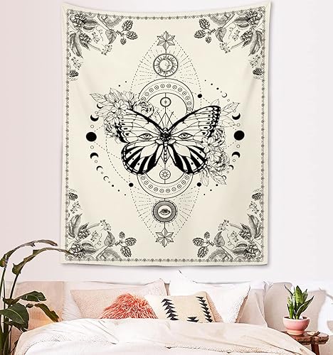 MENORCA Tapiz de pared de mariposa de fase lunar para colgar estético de dormitorio, tapiz vintage beige vertical, 40 pulgadas de ancho x 60