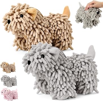 Tegeme 2 Pcs Chenille Dog Hand Towel Fuzzy Towel Absorbent Microfiber Soft for Bathroom Kitchen Washstand Grey Brown,Standing Dog