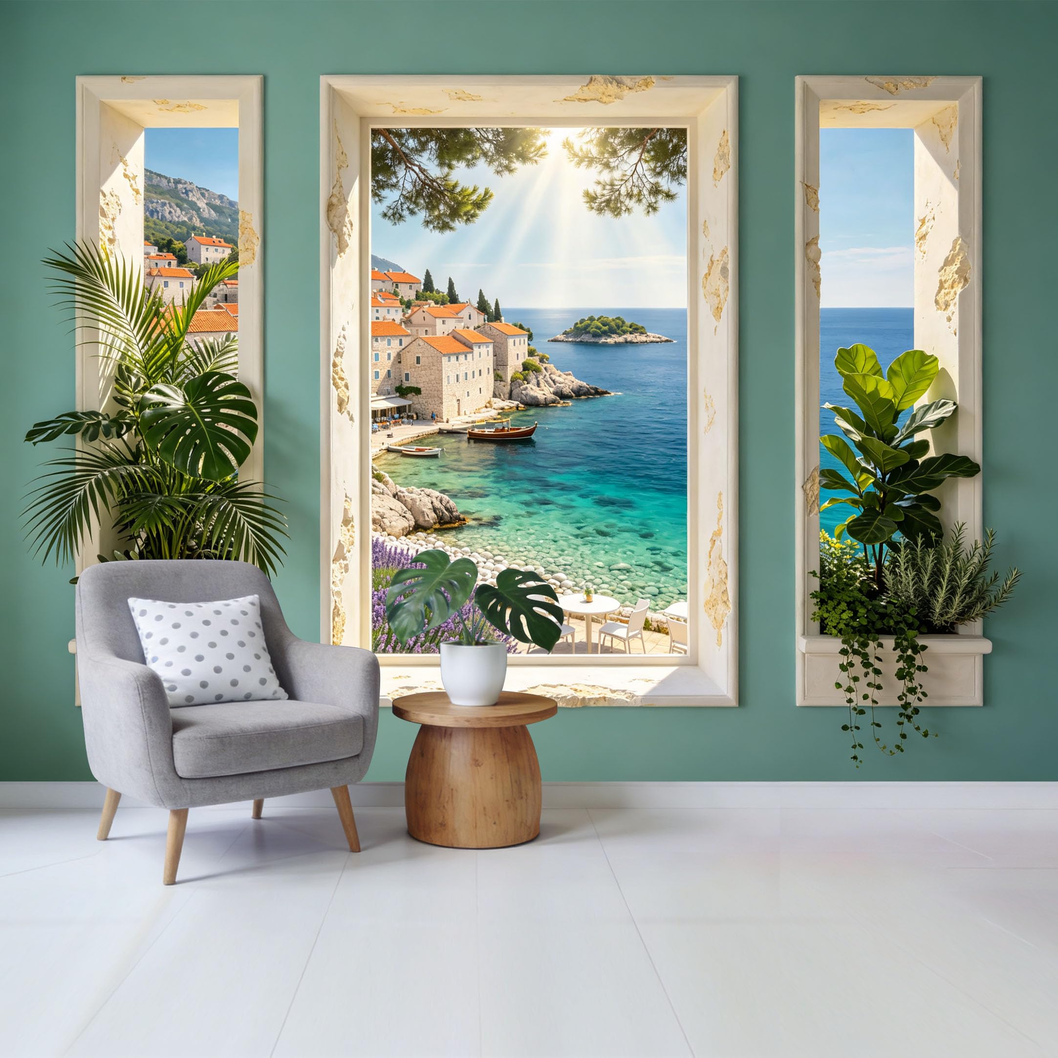 Custom Size Wall Mural Mediterranean Coastal Village Ocean View Window Scene Removable Self Adhesive Fabric Home Wall Decor for Living Room Bedroom Bathroom