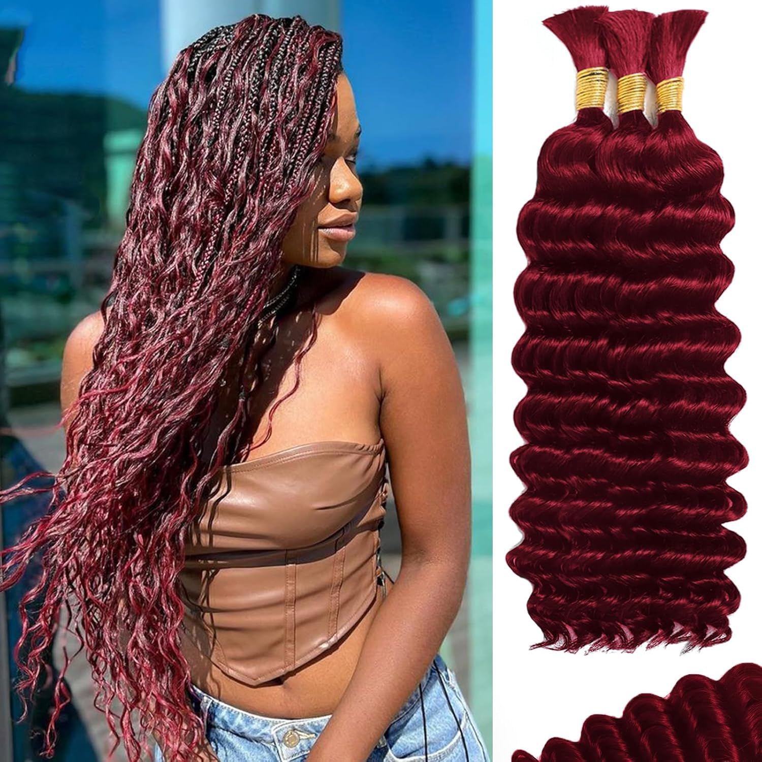 Human Braiding Hair for Boho Braids Human 110g 16 Inch Curly Boho Hair for Braiding Knotless 12A Deep Wave Bulk Bohemian 3 Bundles/Pack (99J)