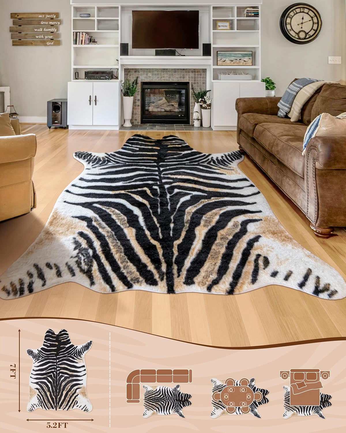 Zebra Print Rug for Living Room, Faux Fur Zebra Hide 5.2x7 Feet Animal Skin Rug for Bedroom Nursery Black and White