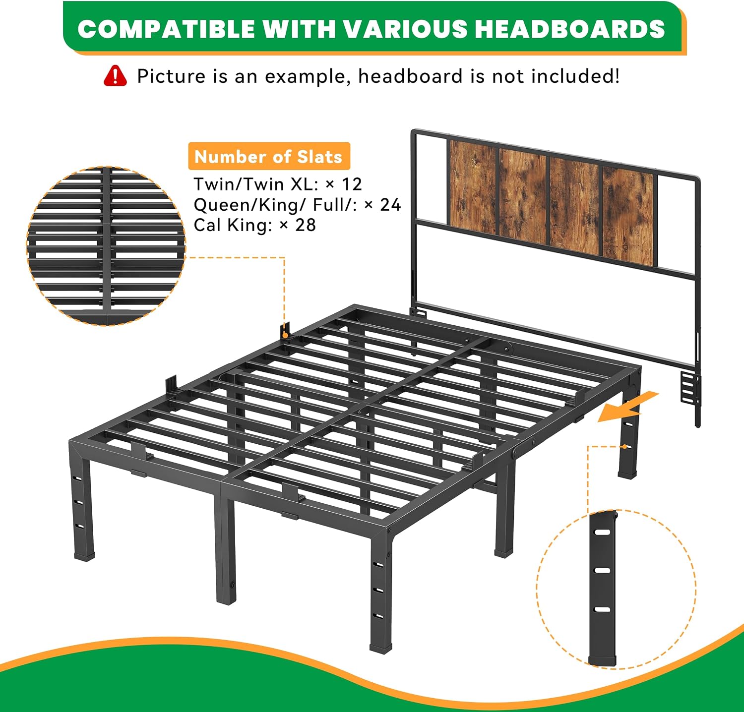 14 Inch Full Size Bed Frames, Heavy Duty Metal Platform 3500 lbs Capacity, No Box Spring Needed, 6 Mattress Slide Stopper, Headboard Holes, Noise-Free, Easy Assembly