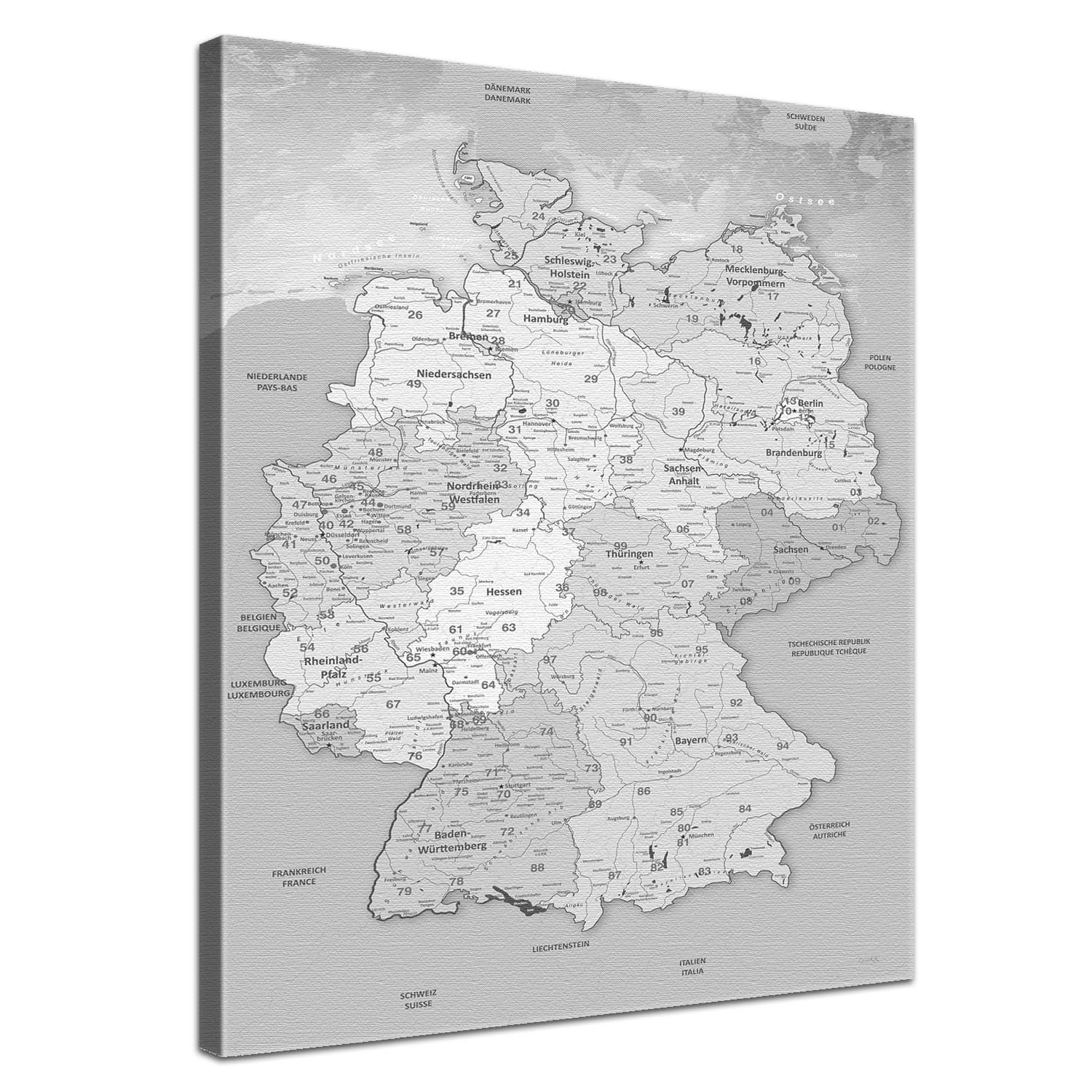 Stilvolle Pinnwand Deutschlandkarte - Hellgrau - Deutsch in 40 x 60 cm, stabile Rückwand zum Pinnen inkl. Starterkit - Leinwand-Kunstdruck Wandbild Landkarte XXL