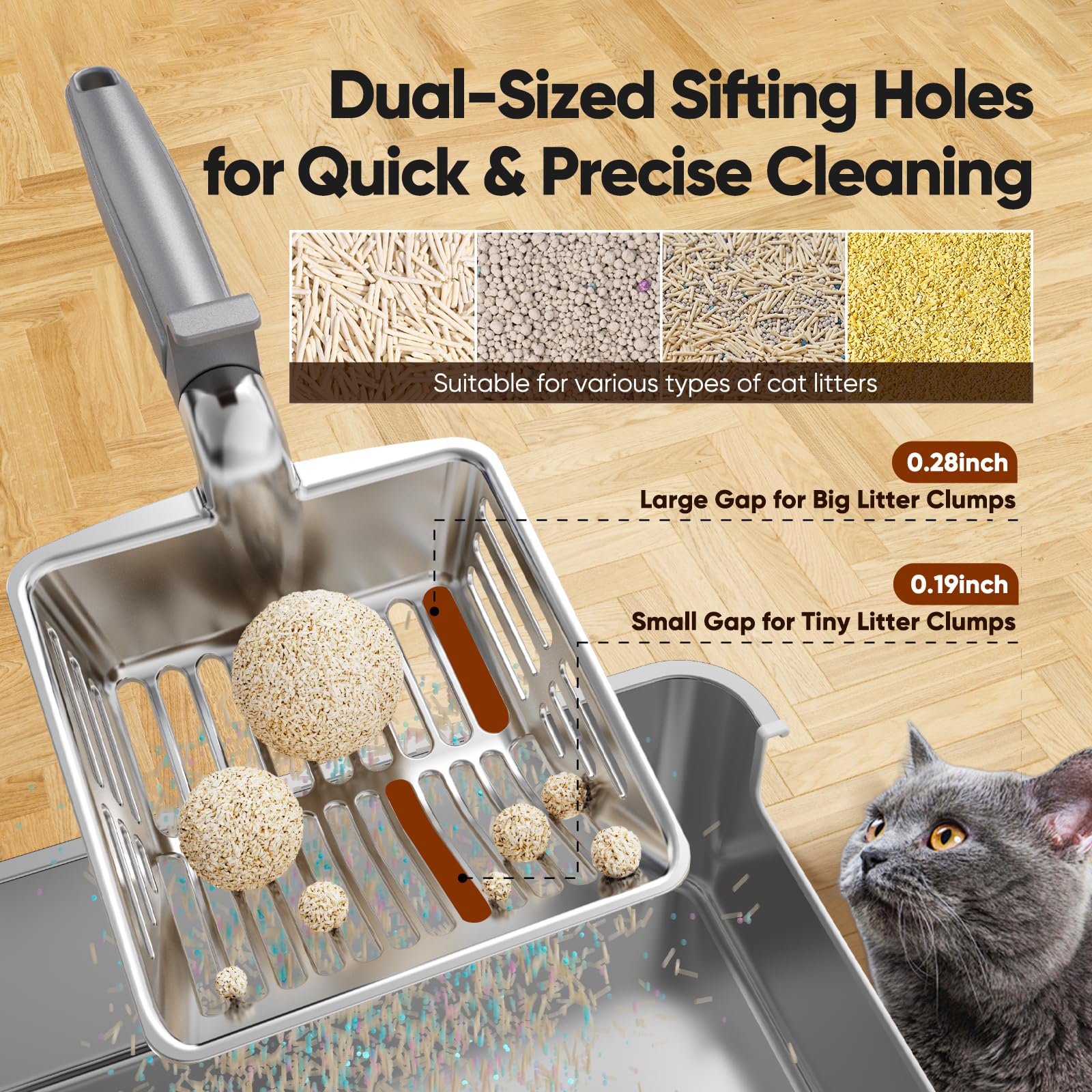 KooMooM Metal Cat Litter Scoop, Large Cat Scooper with Deep Shovel & Dual Sifting Holes for Fast & Precise Sifting, Space Aluminum Kitty Litter Scooper with Long Handle & Easy-to-Hang Hook - Grey - image 3