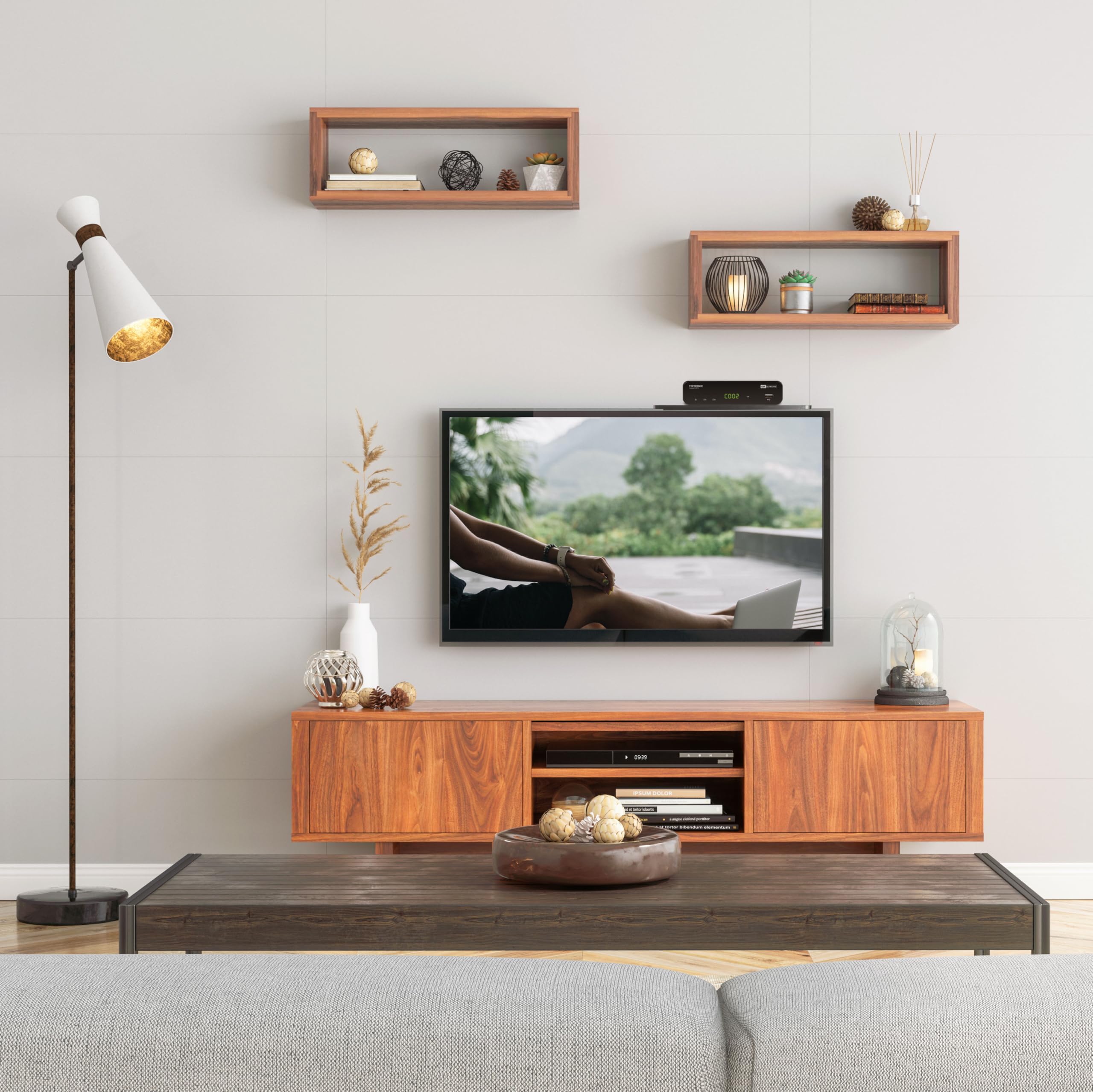 METRONIC 451074 - Scaffale per TV con supporto per schermo, monitor, decoder tablet, vassoio superiore per supporti multimediali, altoparlanti - semplice installazione - nero