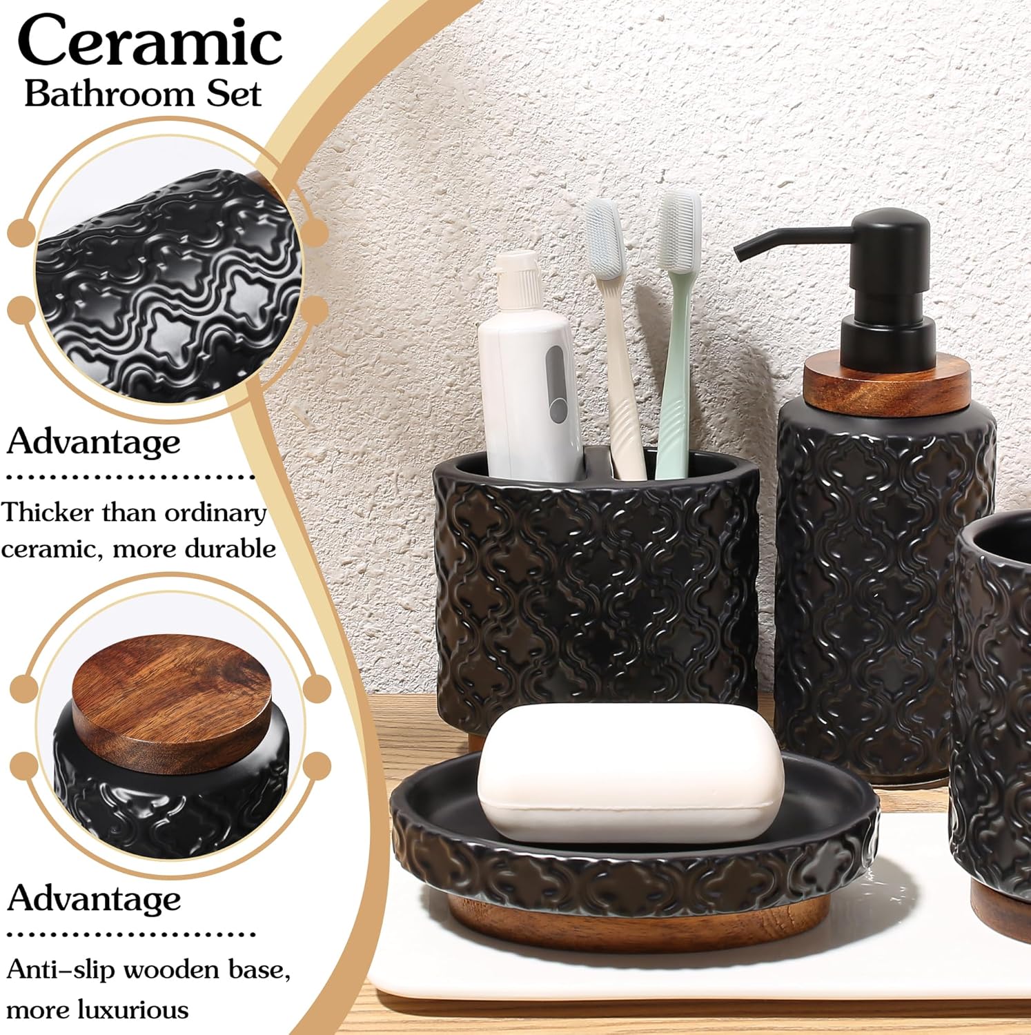 Bathroom Accessories Set 4 Pcs Toothbrush Holder Soap Dispenser Ceramic and Wood Bathroom Decor Set with Toothbrush Cup Soap Dish Tumbler Black - Image 3