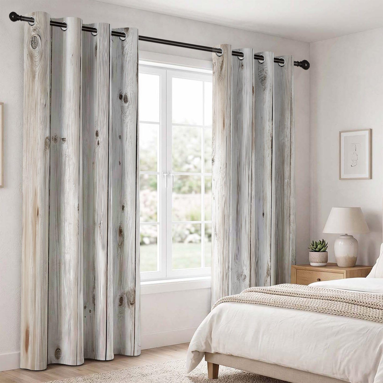 Biało-brązowe zasłony zaciemniające do salonu, 229 cm, zasłony wiszące do sypialni, shabby chic, izolacja termiczna, redukcja hałasu, zasłony z oczkami, 140 x 229 cm, 2 panele, tekstura deski z