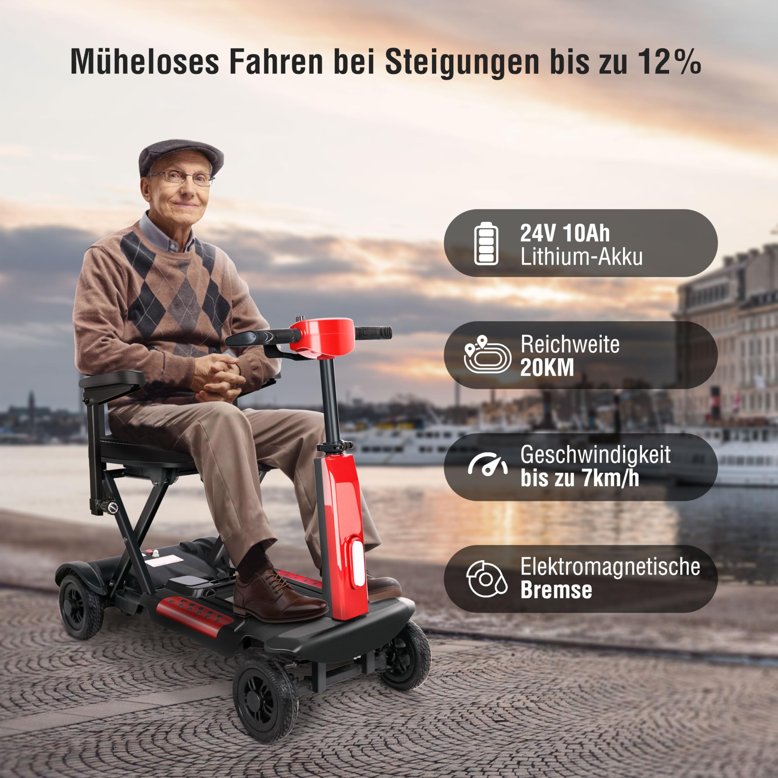 BestAGE - Móvil para personas mayores, plegable, 4 ruedas, ligero y portátil, con marco de aluminio, plegable con 1 clic, batería de litio recargable, carga de 120 kg y faro LED