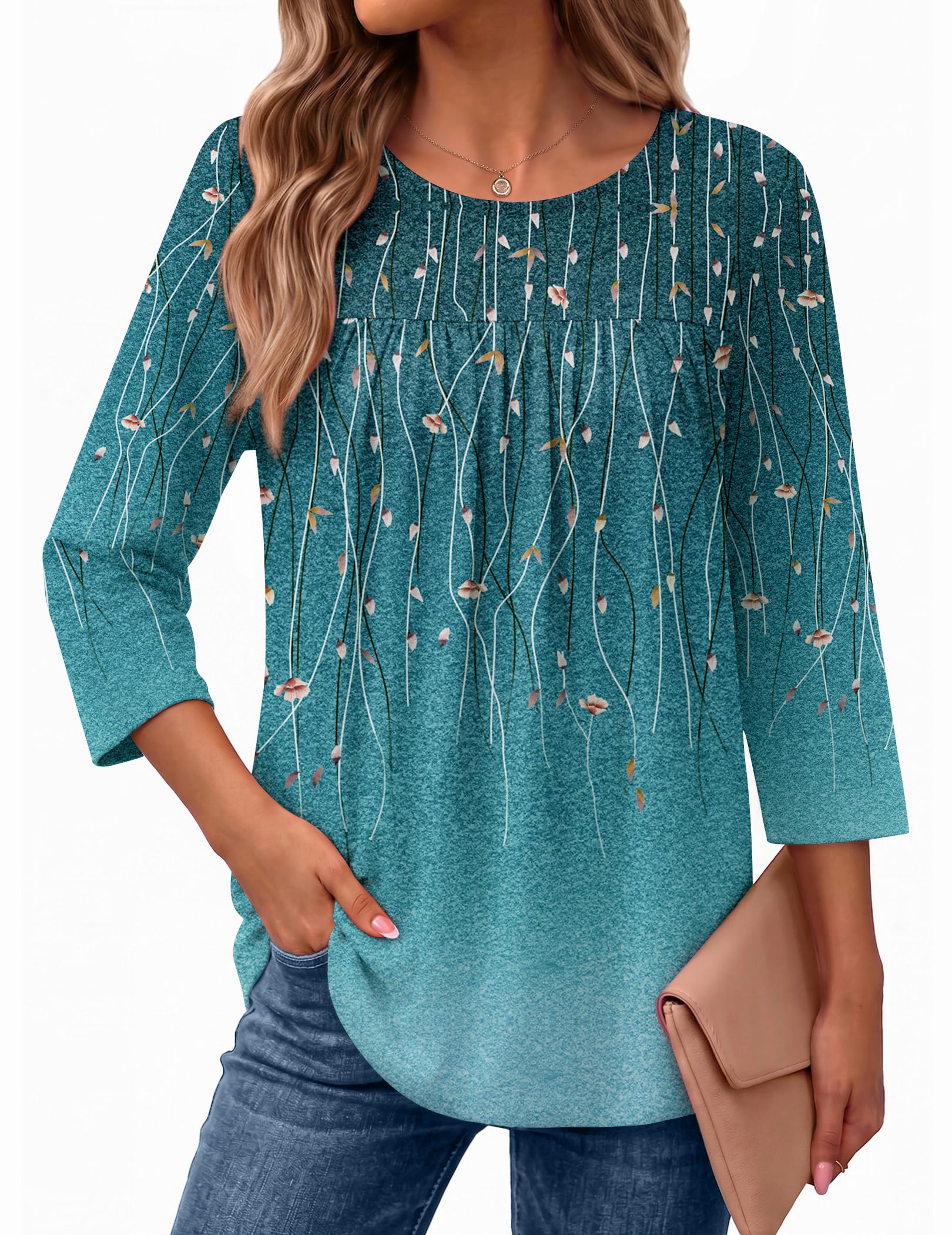 Ekouaer Womens 3/4 Length Sleeve Tops Boho Blouses Casual Pleated Shirts