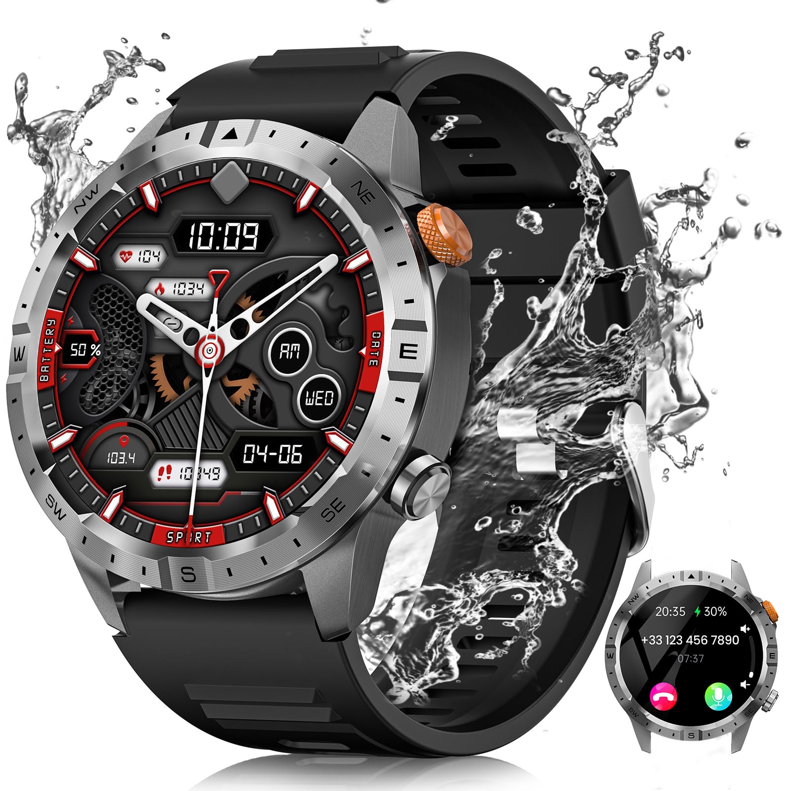 2024 Reloj Inteligente Hombre, 1.43" AMOLED Smartwatch con Llamadas, 24/7 Pulsómetro SpO2, Monitor de Sueño, Podómetro, 450mAh IP68 Impermeable Pulsera Actividad 70+ Modos Deportivos Android iOS Plata