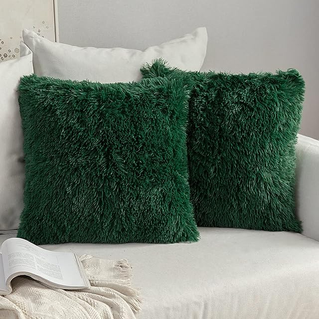 MIULEE Faux Fur Fluffy Cushion Covers Faux Fur Throw Pillow Case Soft Decorative Square Cute Pillow Plush Case For Livingroom Sofa Bedroom 18 x 18 Inch 45 x 45 cm Dark Green Pack of 2