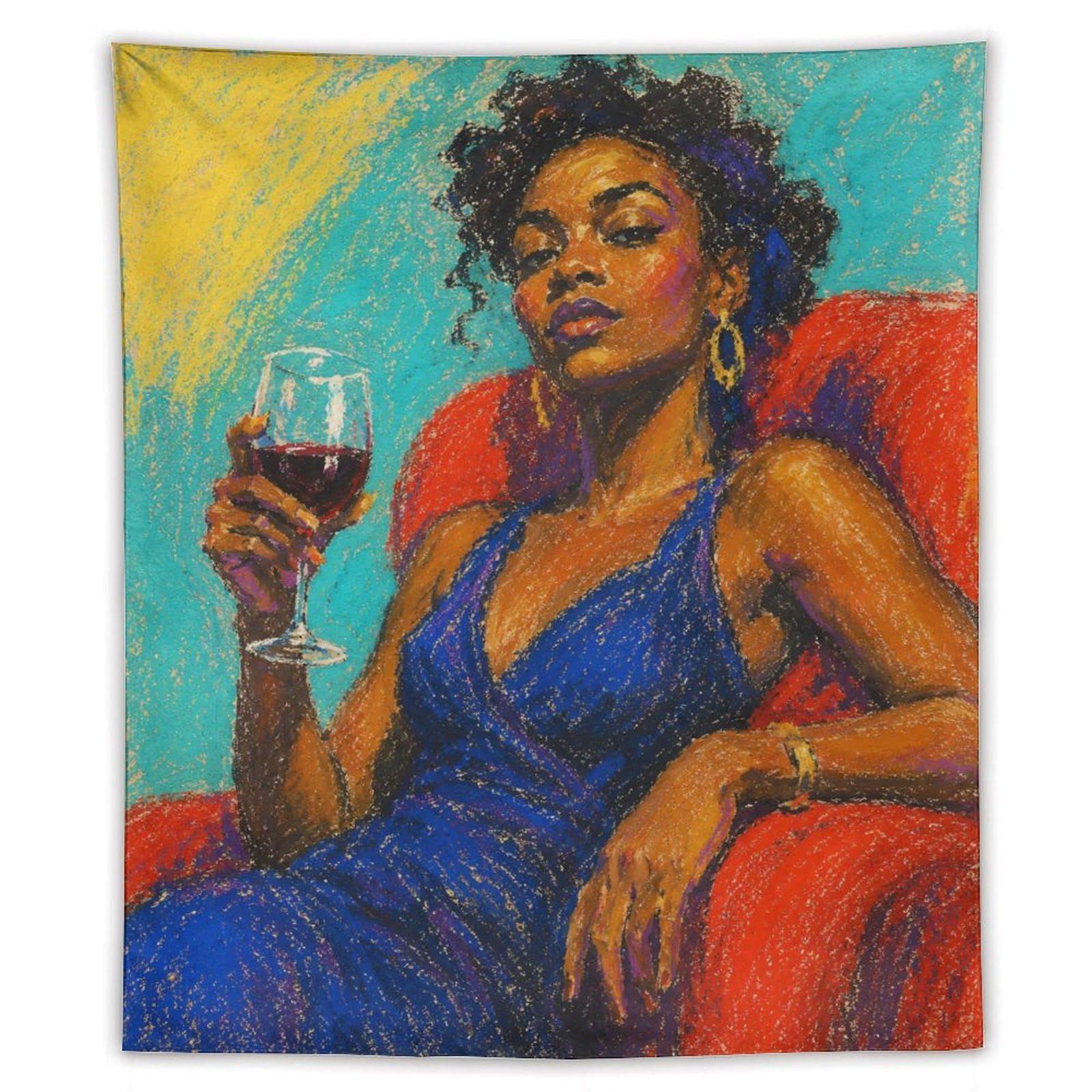 H3B8U2Y5 Black Woman in Blue Dress Wall Tapestry, Oil Painting, Backdrop