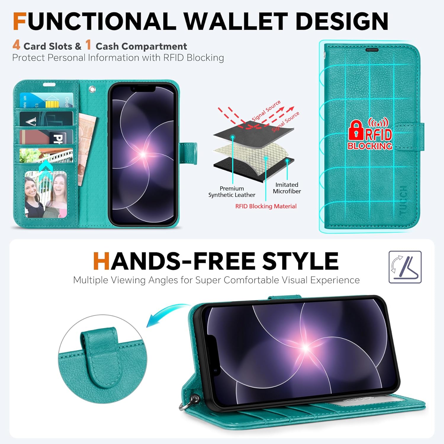 TUCCH Detachable 2 in 1 Case Wallet for iPhone 17e/16e 6.1“, Stand [Wrist Strap] RFID Blocking 4 Card Slots Shockproof PU Leather Magnetic Removable Flip Cover for iPhone 17e 2026/16e 2025, Cyan