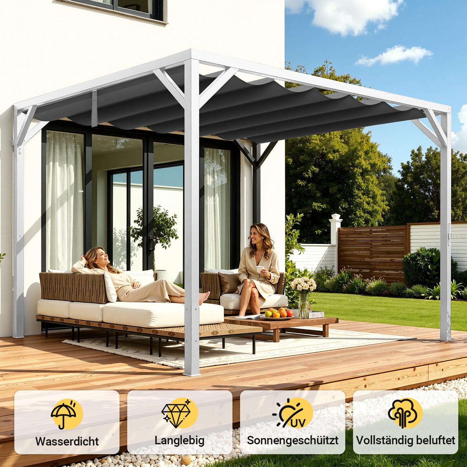 Dach zapasowy do pergoli, ochrona przed promieniowaniem UV 50+, odporny na działanie wody, zwijany daszek, tylko osłona cienia, 238 x 259 cm, odporny na warunki atmosferyczne, ochrona przed