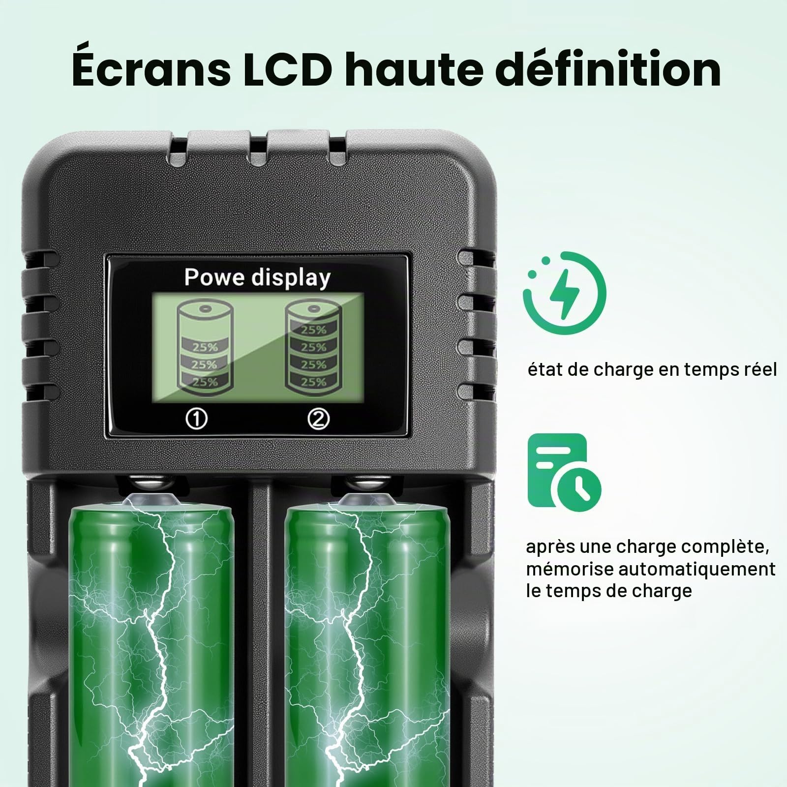 Chargeur de Batterie à LCD, Chargeur de Batterie Li-ION 2 Fentes avec Charge Rapide Intelligente Compatible avec Une Variété de Batteries Li-ION 3,7 V 26650/18650/14500/16340 (2 Fentes)