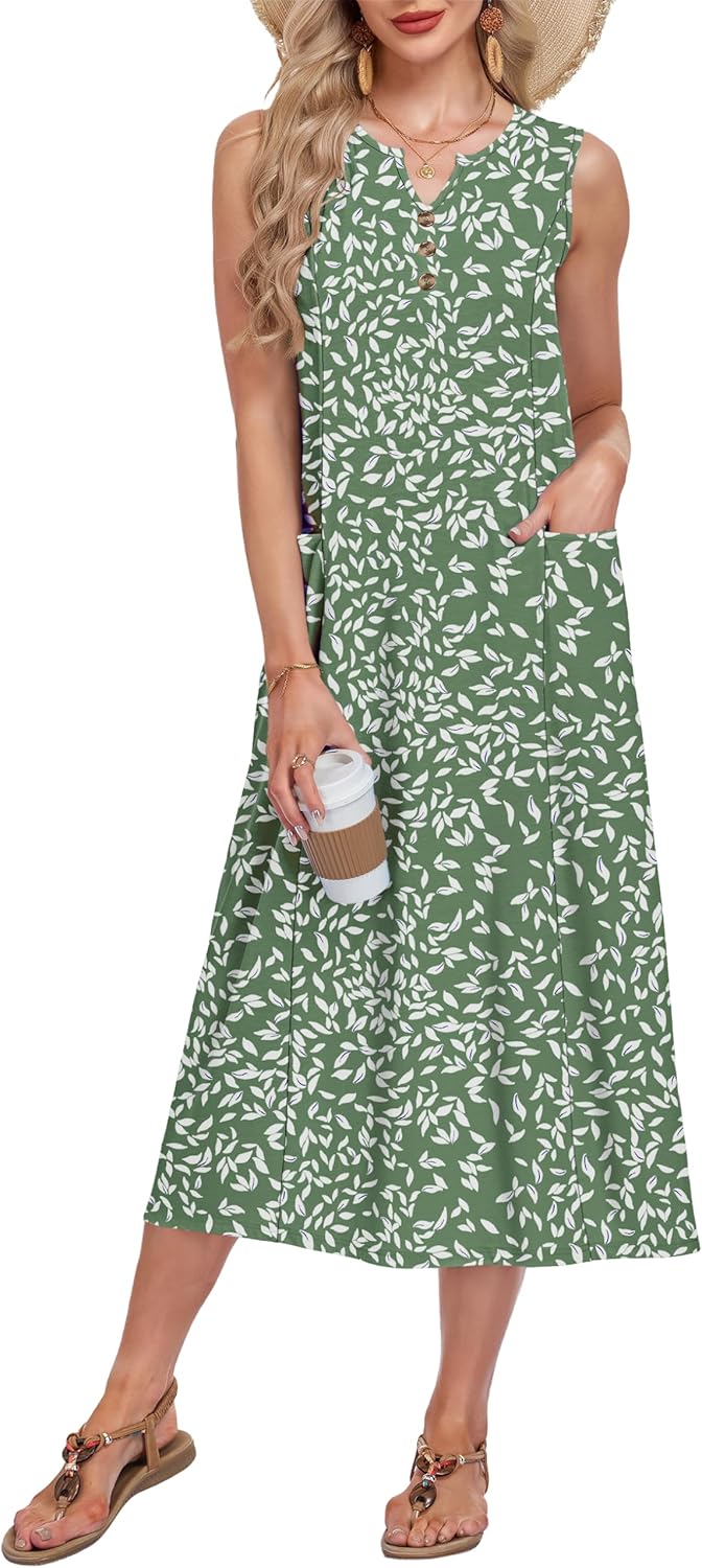 MOLERANI Women's Casual Midi Dress V Neck Sleeveless Summer Beach Button Down Dresses with Pockets 2026