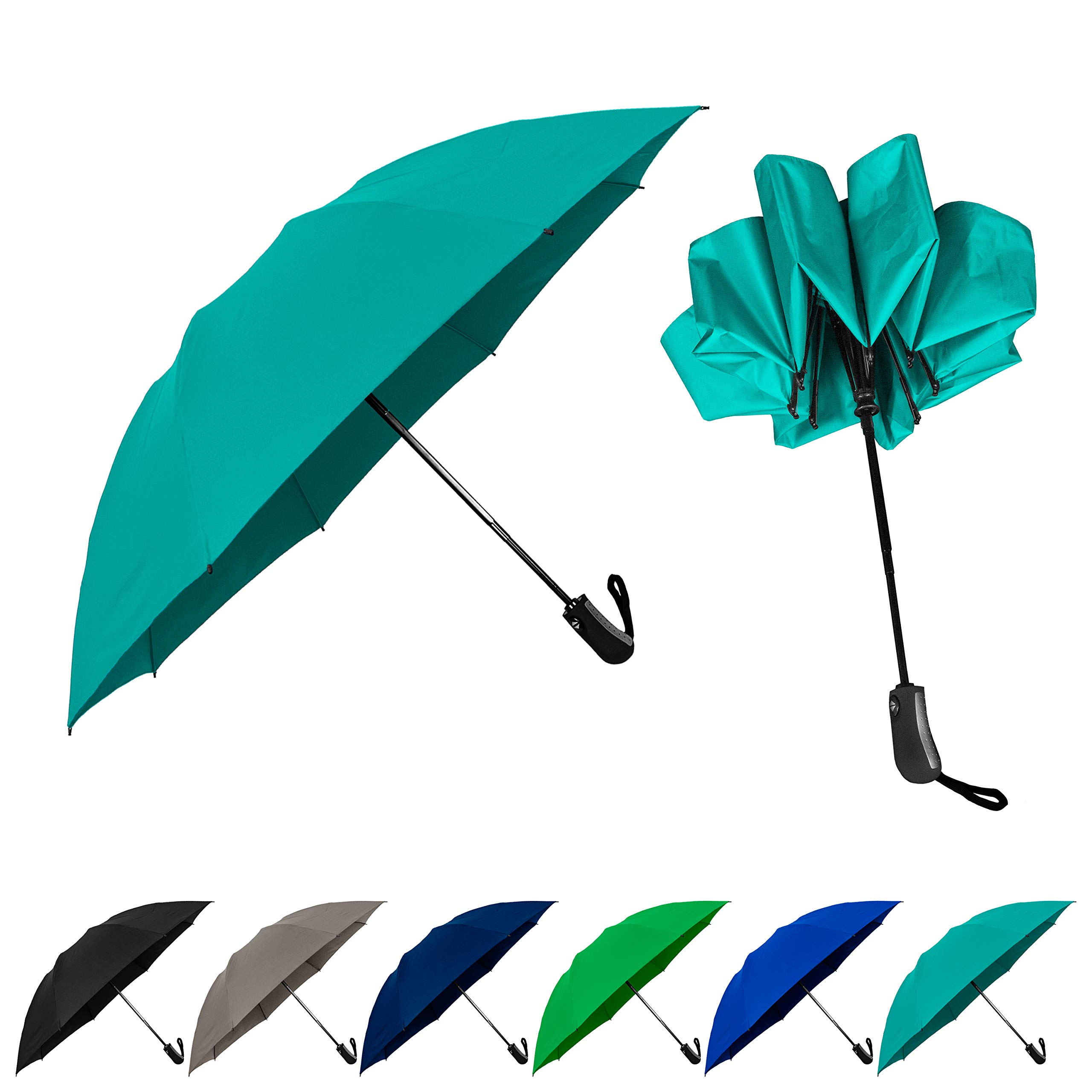 The Reversa 46" Compact Reverse Folding Windproof Automatic Open Close Travel Umbrella, Strong 8 Ribs Portable Inside Out Inverted Folding Umbrella For Men and Women, Teal Blue