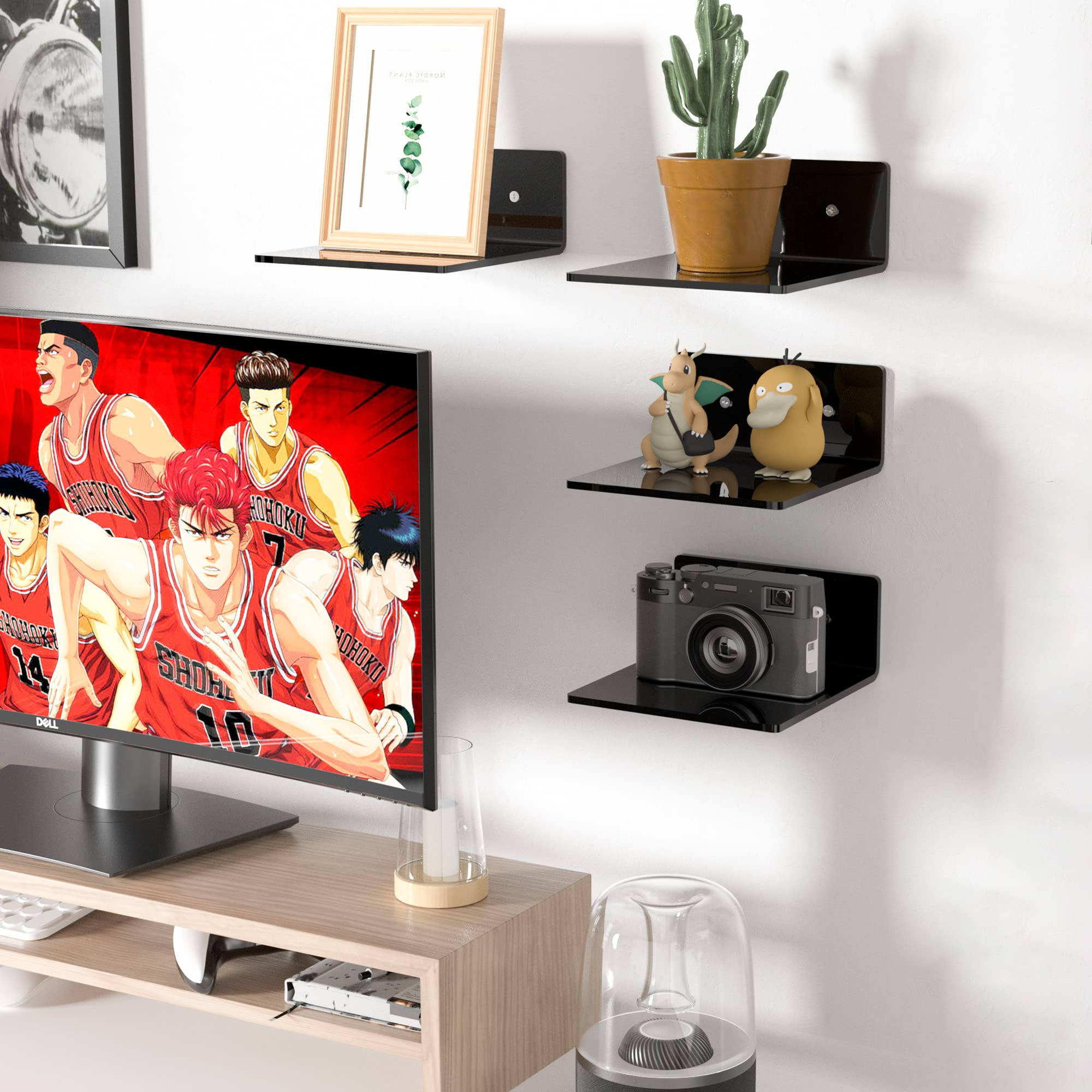 Sezanrpt 6 Inches Small Black Wall Shelves Set of 2, Wall Mounted Display Shelf Rack for Bedroom Living Room, Smart Speaker - Image 2